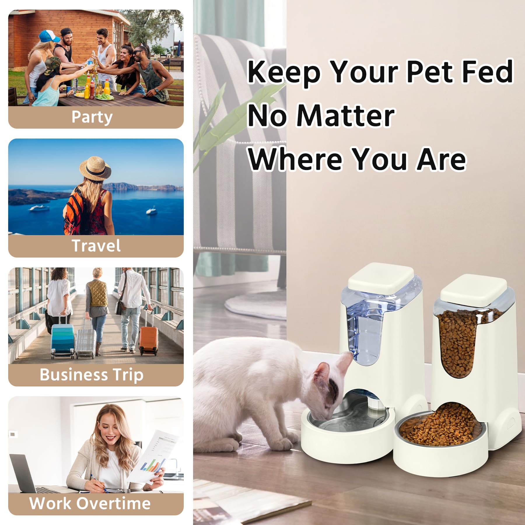 WyfKyd 2 Pack Automatic Cat Feeder & Stainless Steel Dog Water Dispenser, 1 Gallon x 2, Ivory White