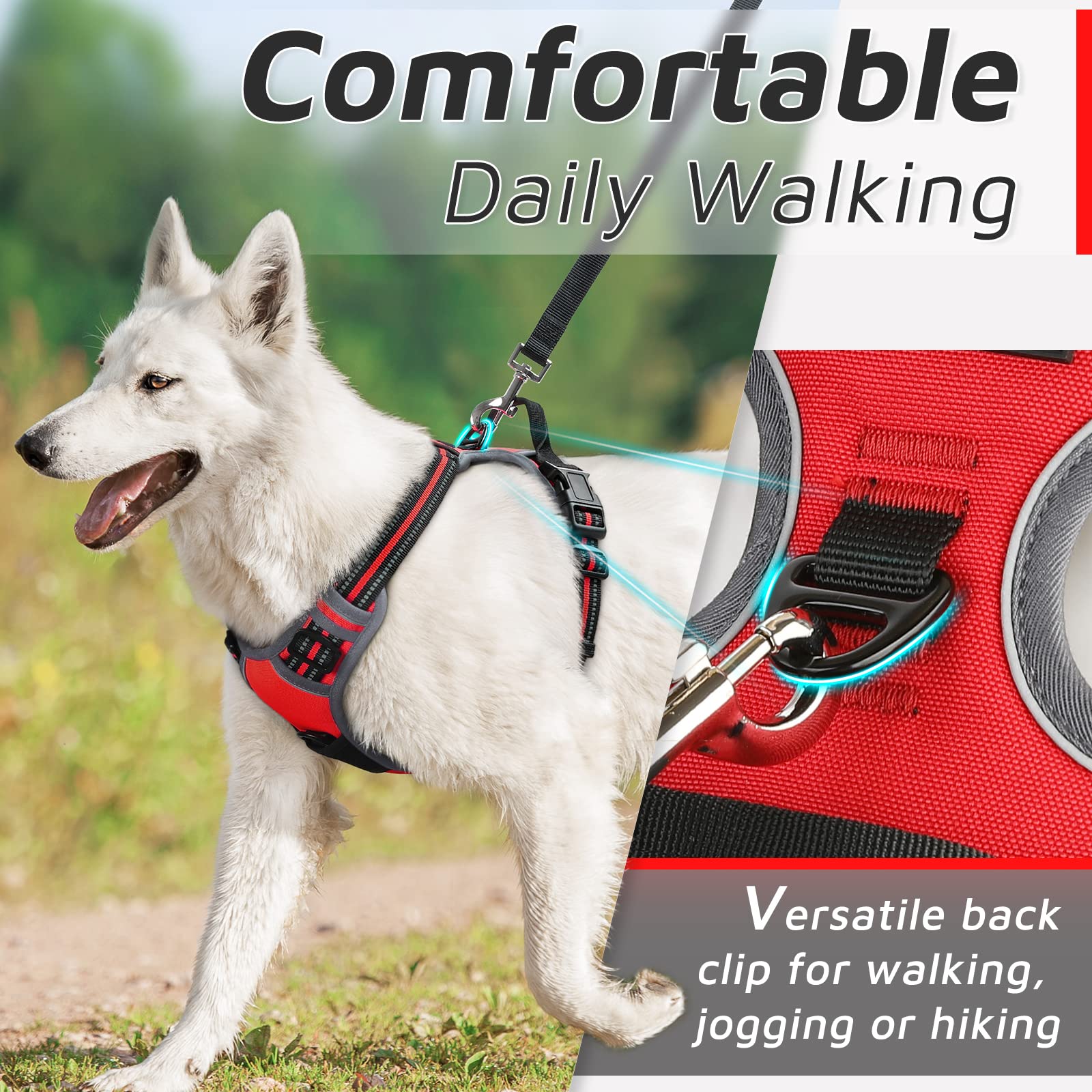 Eagloo Dog Harness For Large Dogs, No Pull Service Vest With Reflective Strips And Control Handle, Adjustable And Comfortable For Easy Walking, No Choke Pet Harness With 2 Metal Rings, Red, L