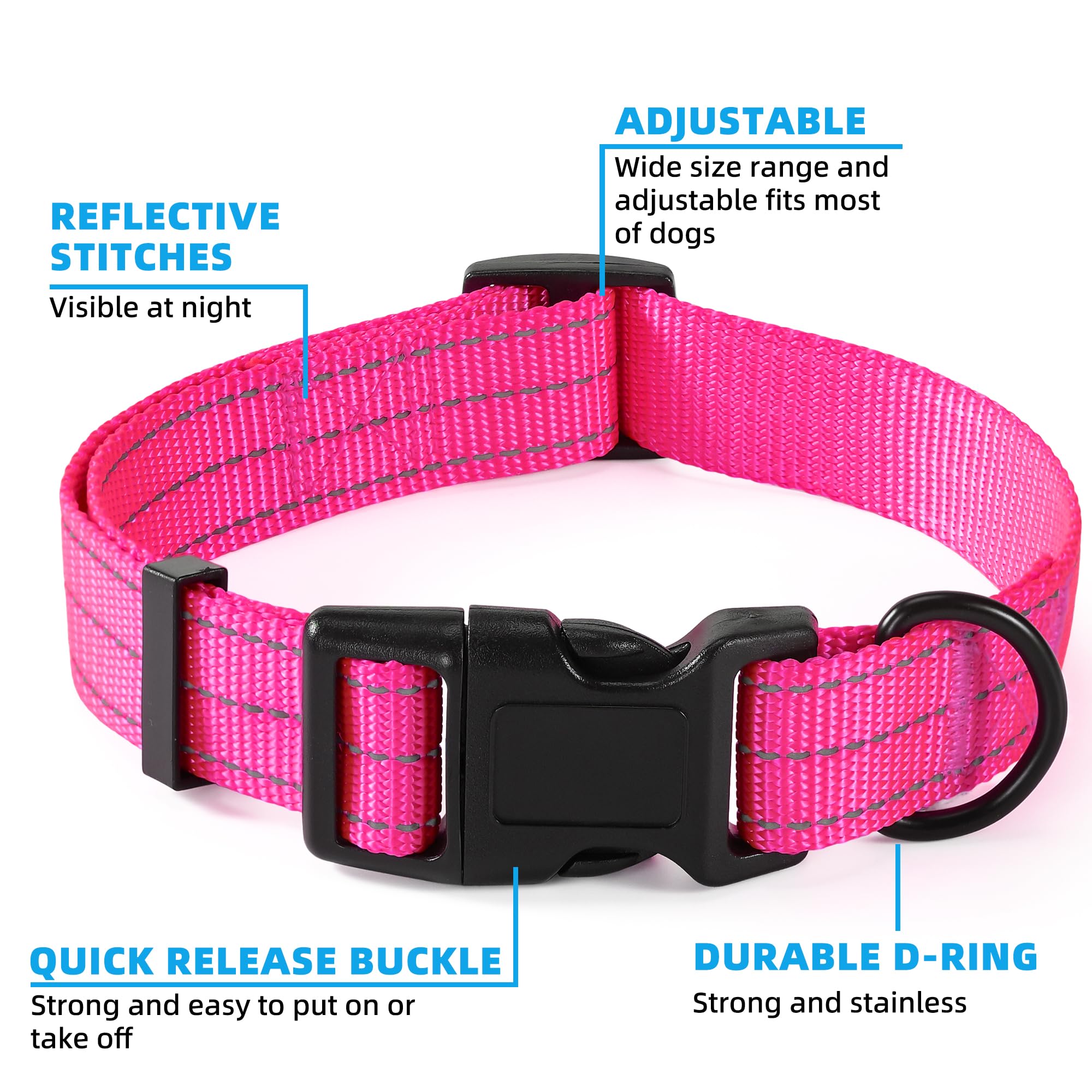 Mile High Life Dog Collar | Nylon Reflective Dog Collars | Light Weight Puppy Collars | Pink Dog Collars For Large Dogs (Solid P