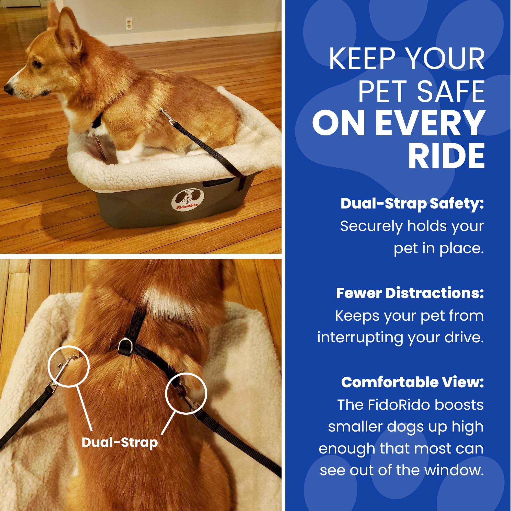 FidoRido Dog Car Seat - Small Harness Booster Seat, Red with Black Paw Prints, Comfortable Cushions and Safety Straps for Travel