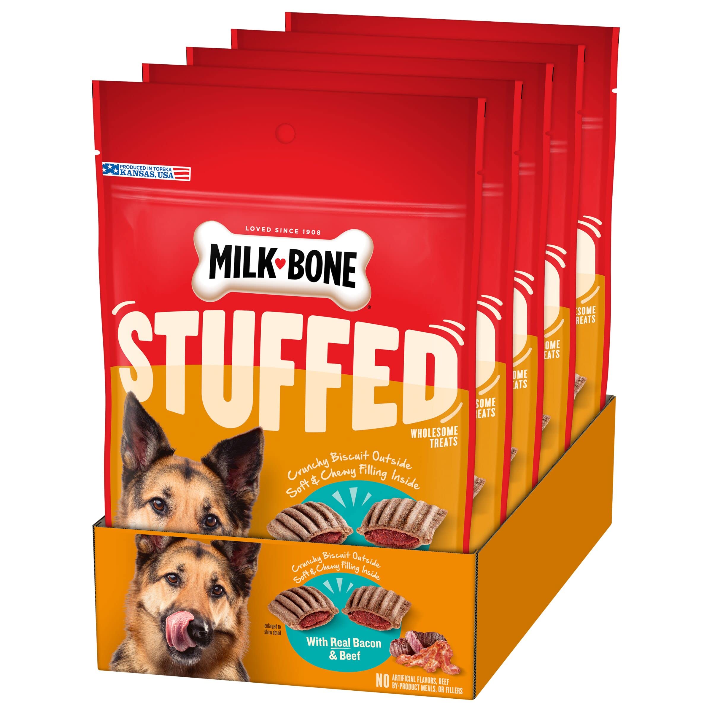Milk-Bone Stuffed Dog Treats with Real Bacon & Beef, 10 Ounce (Pack of 5), Crunchy Biscuit with Soft & Chewy Filling
