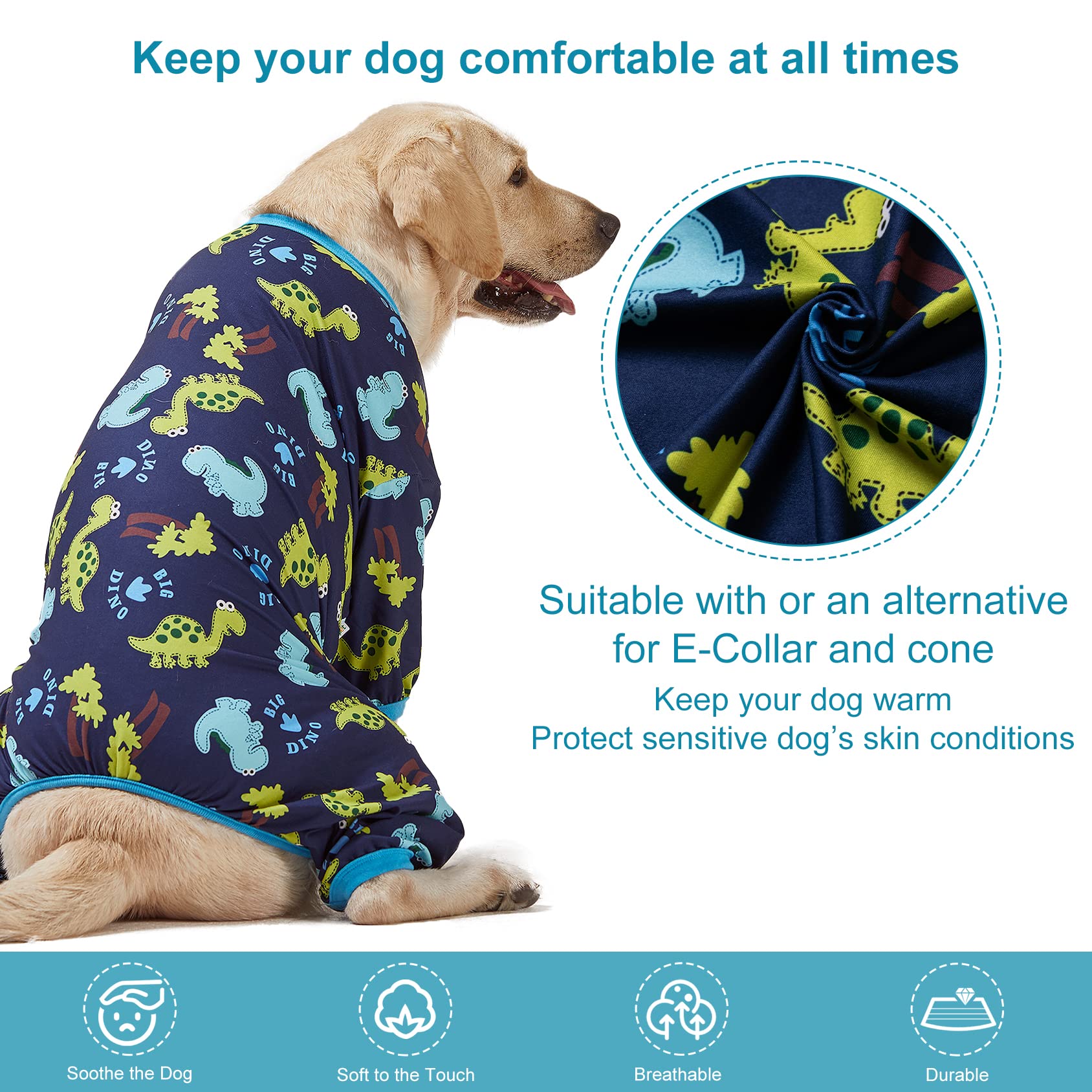 Lovinpet Dog Clothing For Large Dogs: Dinosaur In The Jungle Print, Lightweight Stretchy Knit Pullover Puppy Pajamas, Big Dog On