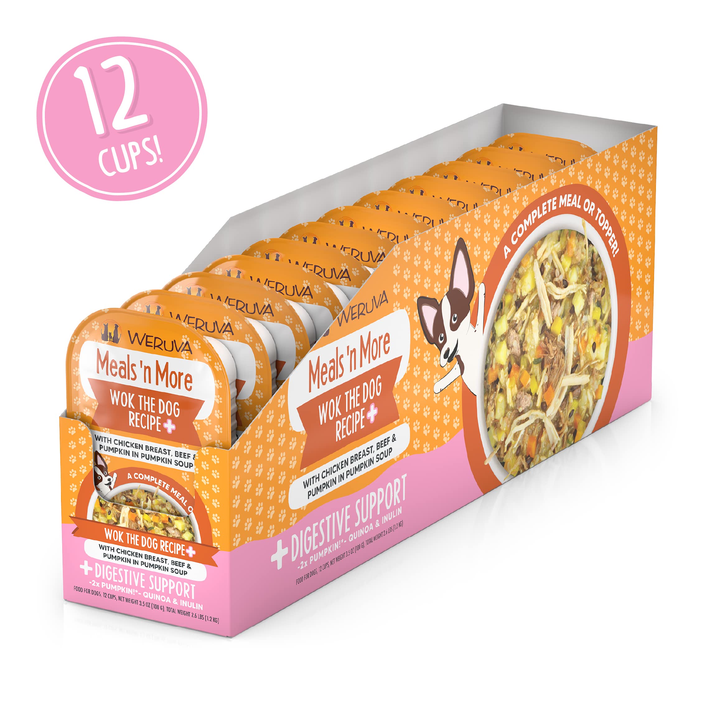 Weruva Meals n More Natural Wet Dog Food, Wok The Dog Plus Digestive Support, 3.5oz Cup (Pack of 12)
