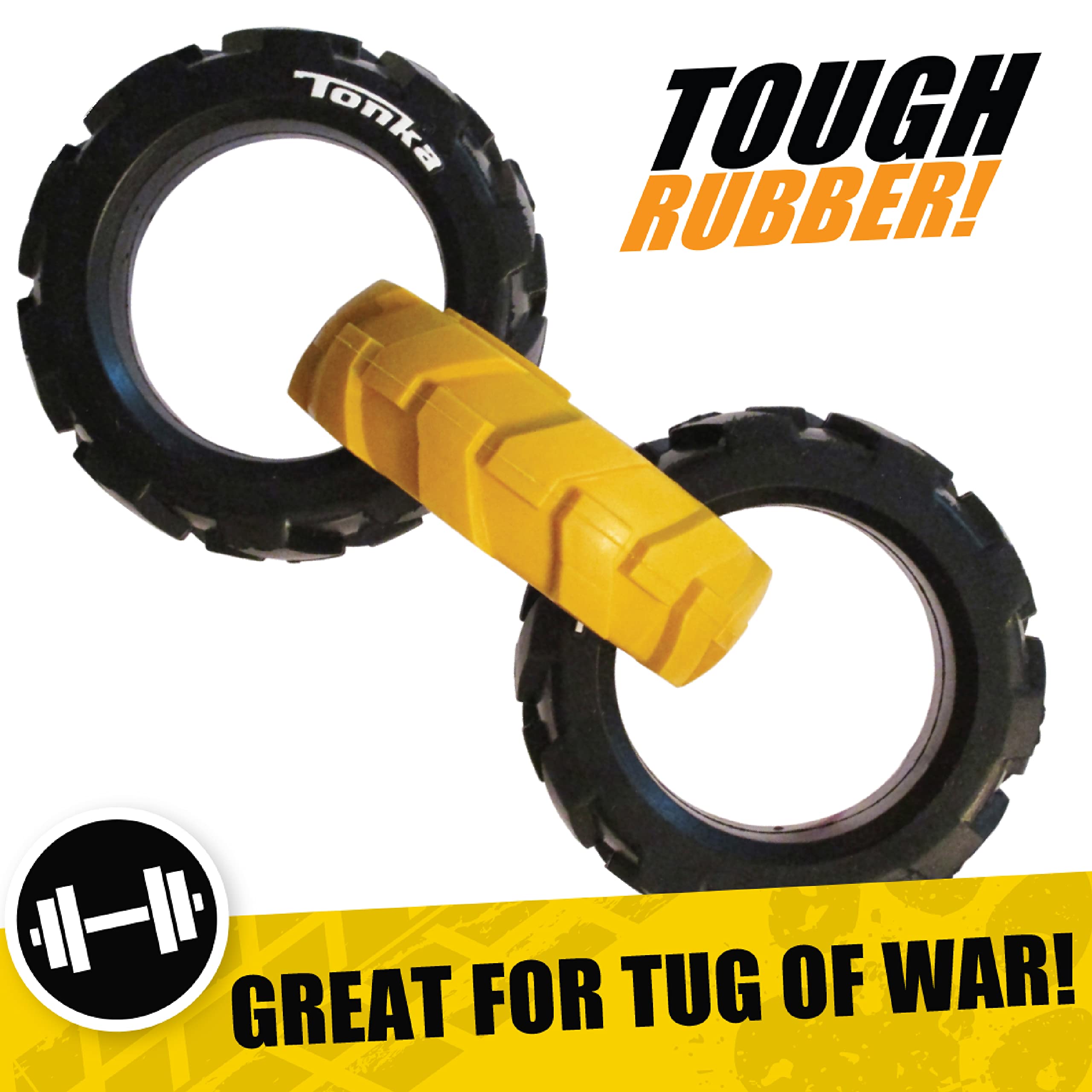 Tonka Rubber 3-Ring Tug Dog Toy, Durable & Water Resistant, 10.5 for Medium/Large Breeds, Yellow/Black