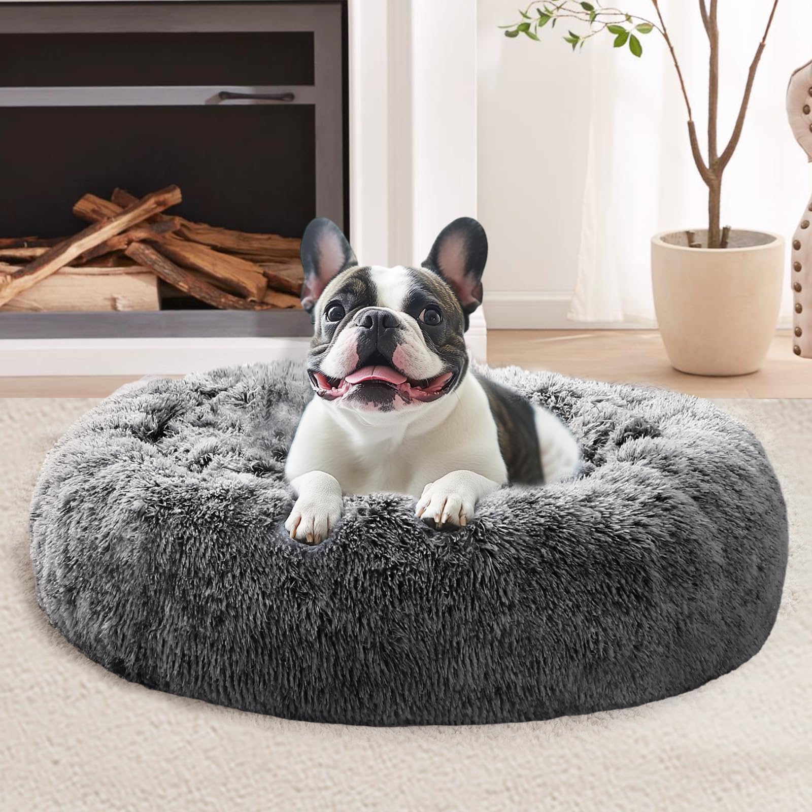 Jollyvogue Calming Dog & Cat Bed For Small Dogs, Anti-Anxiety Donut Cuddler Cozy Soft Round Bed With Anti-Slip Bottom, Fluffy Fa
