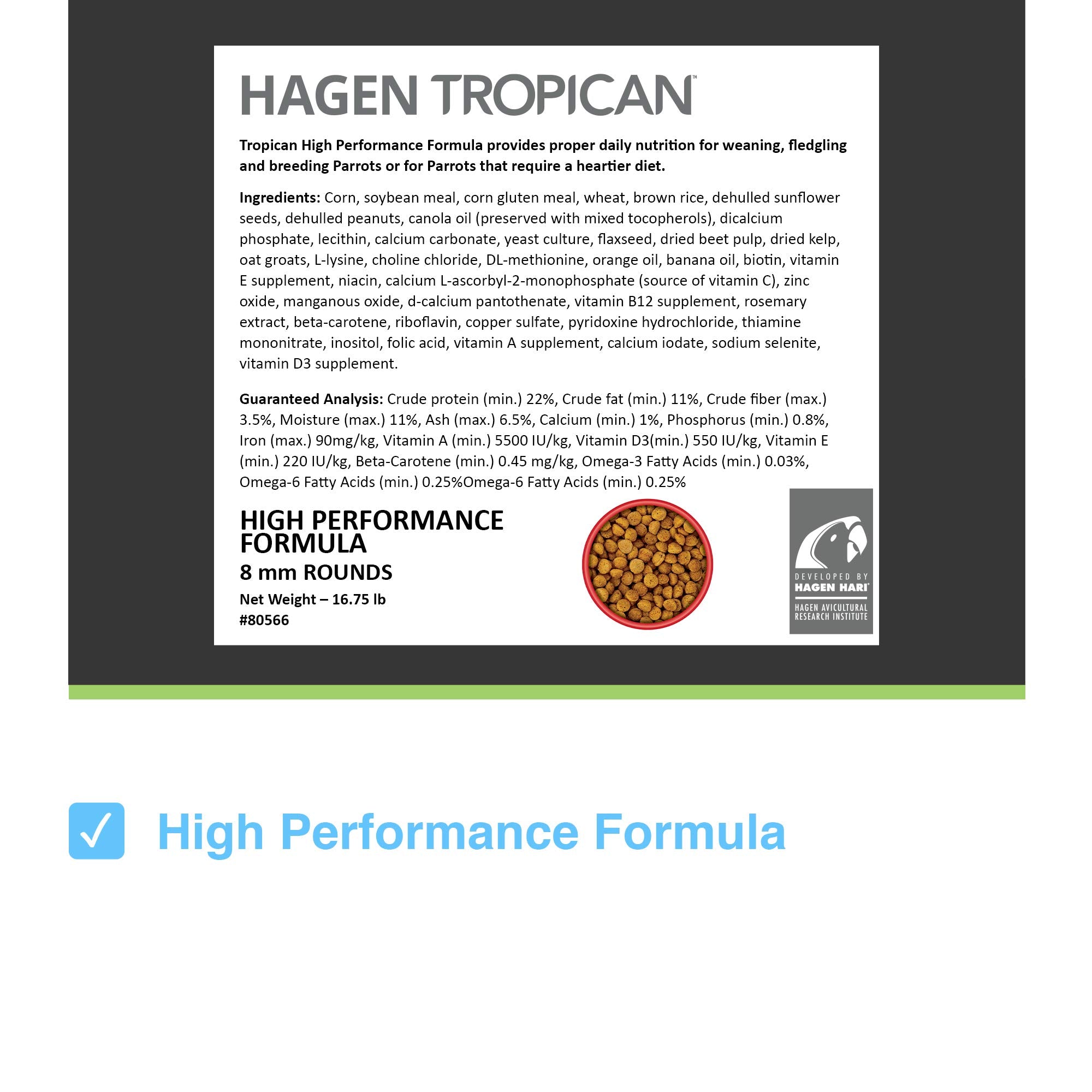 Hari Tropican Bird Food, Hagen Parrot Food Spheres with Peanuts & Sunflower Seeds, High Performance Formula, 8mm, 16.5 lb Bag