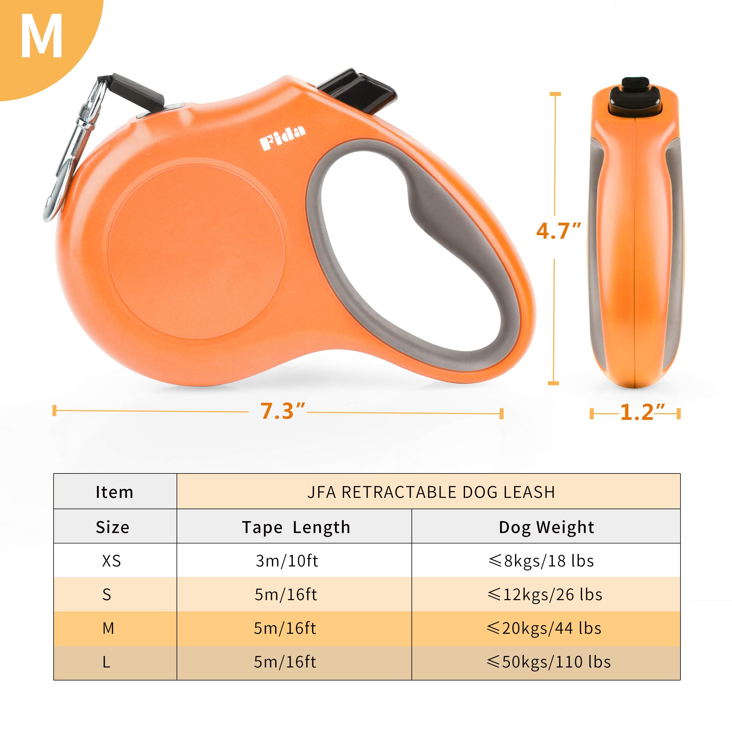 Fida Retractable Dog Leash, 16 Ft Dog Walking Leash For Medium Dogs Up To 44Lbs, Tangle Free, Orange