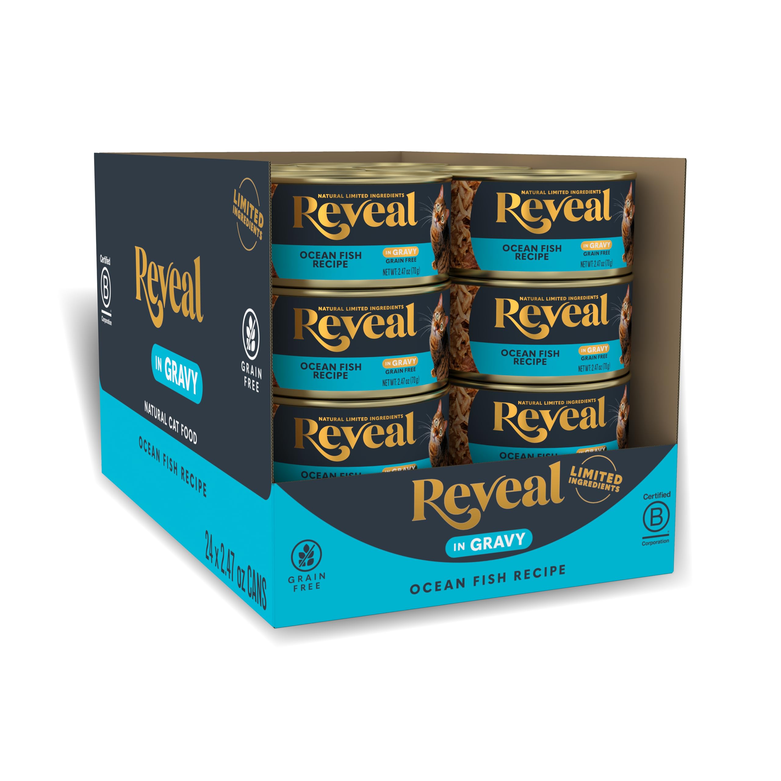 Reveal Natural Wet Cat Food, 24 Count, Grain Free, Limited Ingredient Canned Food for Cats, Ocean Fish in Gravy, 2.47 oz Cans