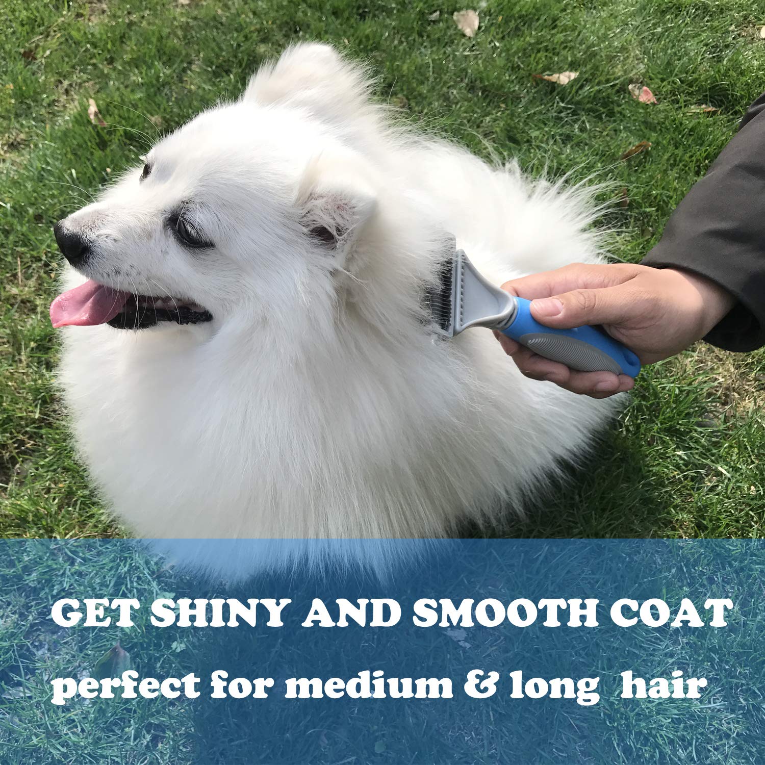 Honguang Pet Dematting Comb - 2 Sided Rake for Medium/Long Haired Cats & Dogs, Metal, Blue - Safe Grooming Tool for Mats & Tangles