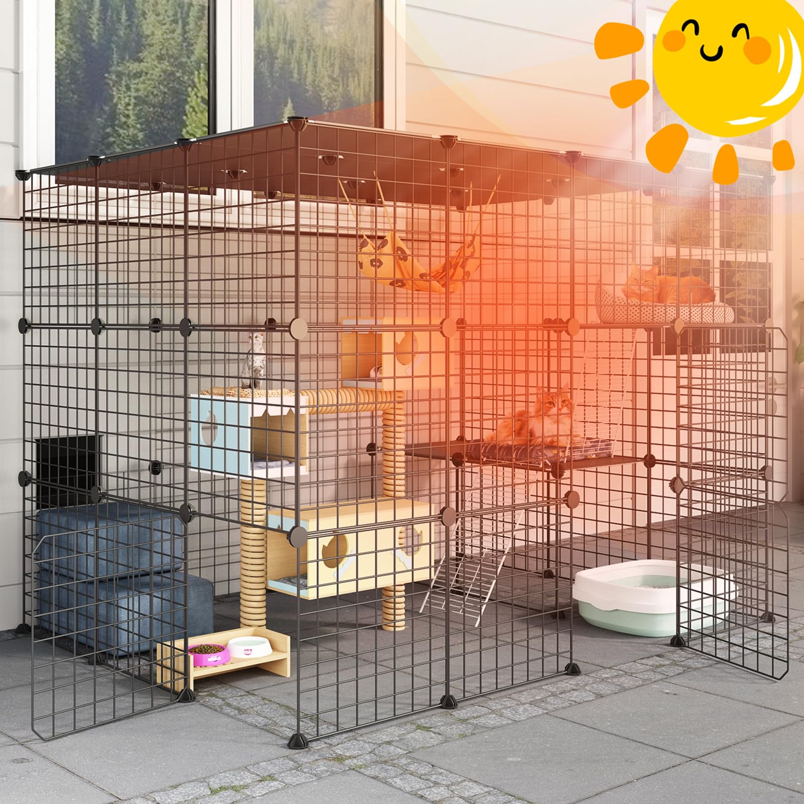 Eiiel Outdoorcat Cages Enclosure With Super Large Enter Door, 55.1Lx41.3Wx41.3H Cat House Balcony Playpen Platforms,Diy Kennels Crate Exercise Place Ideal For 1-4 Cats, Black, (El-387R)