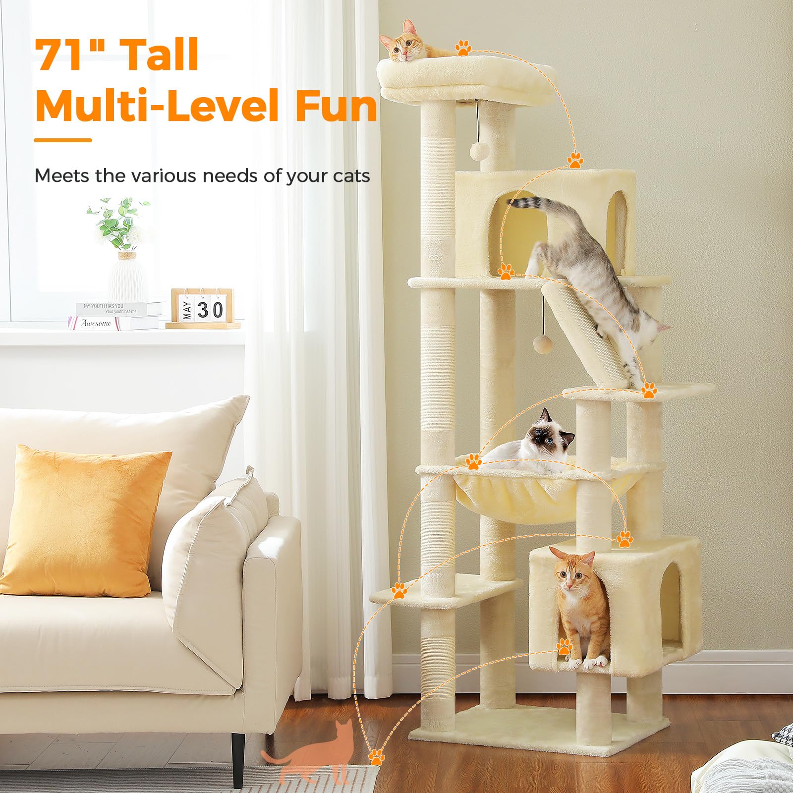 Uymi 71 Inch Tall Cat Tree For Indoor Cats Large Adult, Multi-Level Cat Tower With Extra Large Hammock, 2 Cat Caves, Spacious To