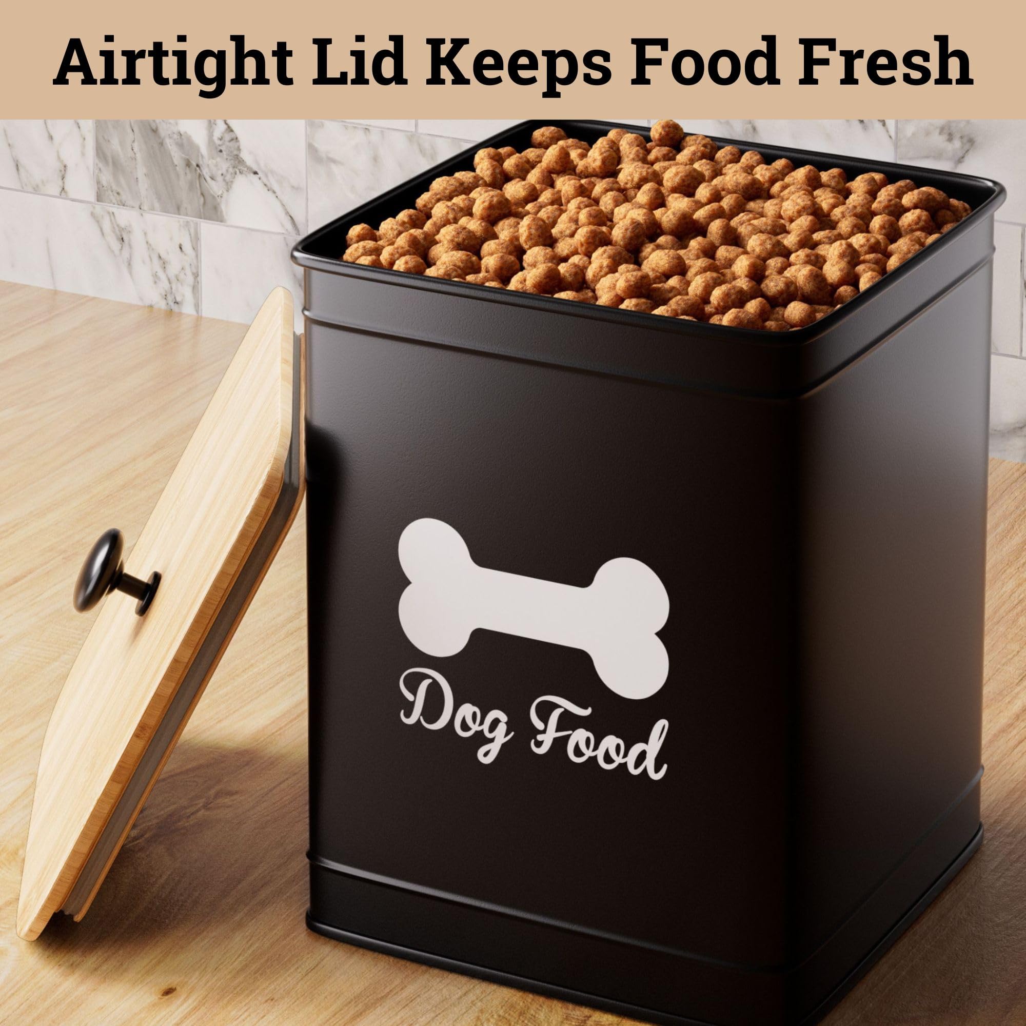 Dog Food Container Airtight 5-10 lb (25 Cup) Capacity - Cute Airtight Dog Food Storage Container with Bamboo Lid & Sturdy Metal