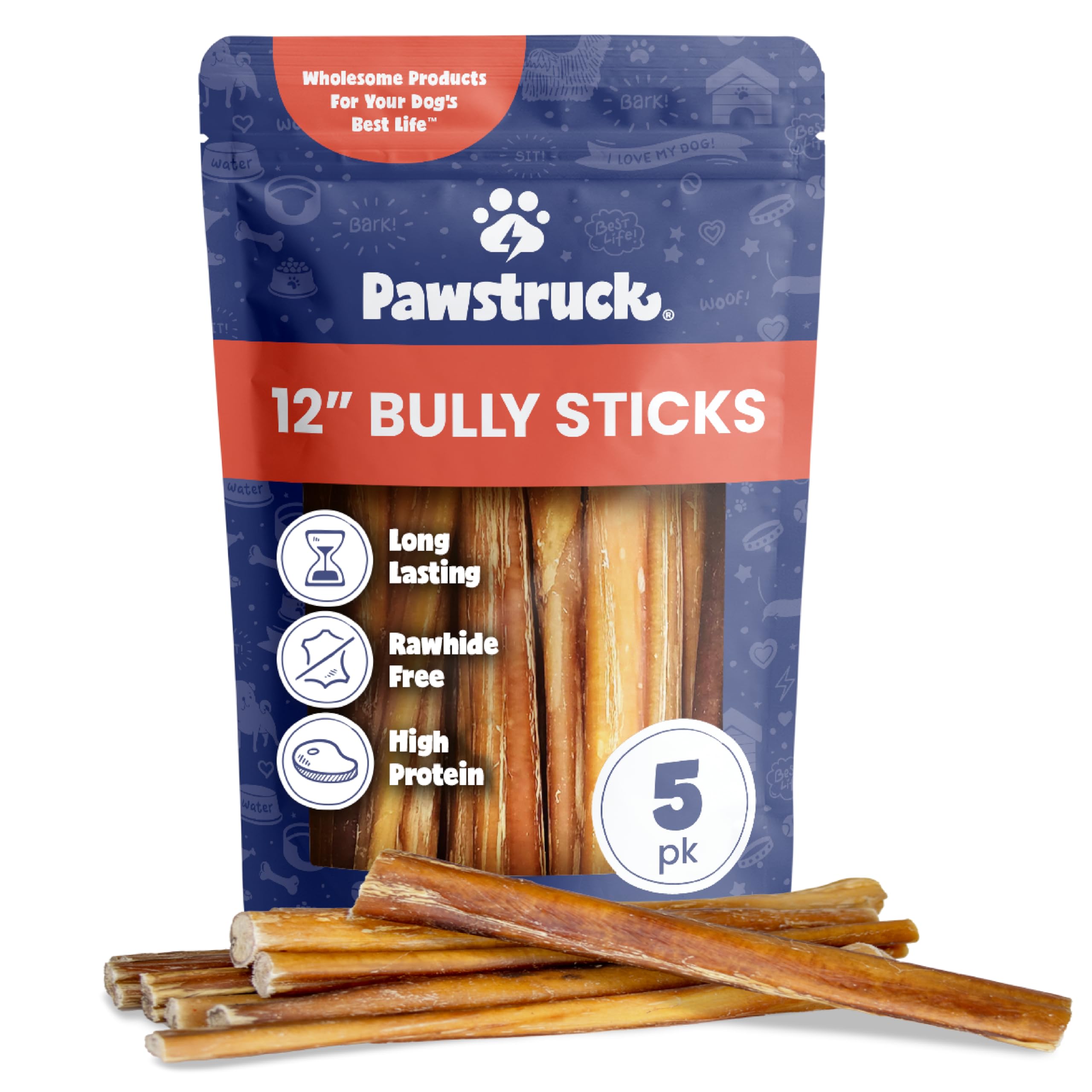 Pawstruck 100% Natural 12-in Bully Sticks for Dogs - Tough Long-Lasting Rawhide-Free Single Ingredient Beef Pizzle Chew Treats f