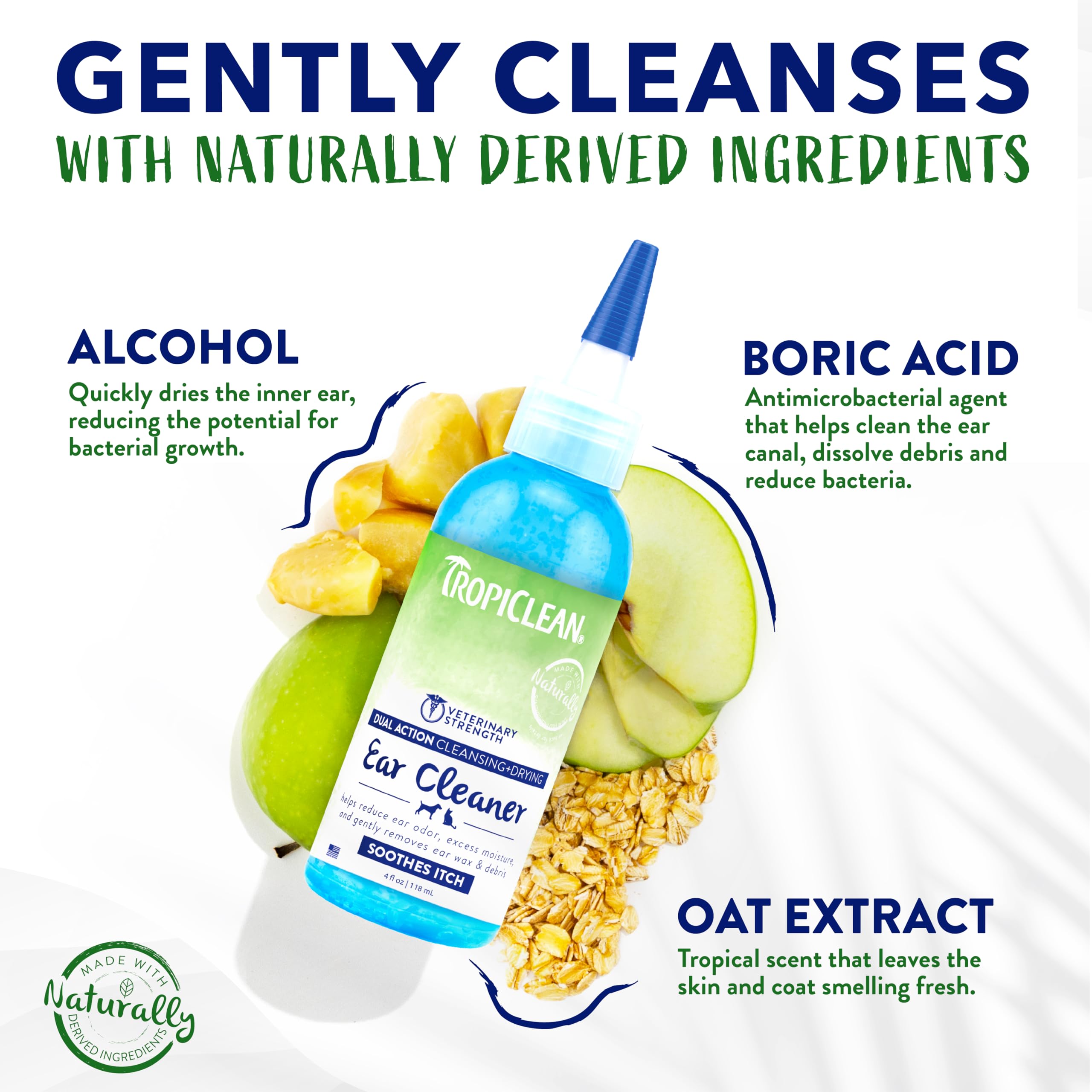 TropiClean Dog Ear Cleaner, Vet Recommended Ear Cleaning Solution for Itch Relief, Daily Use Drops Prevent Infection, Cat Safe,