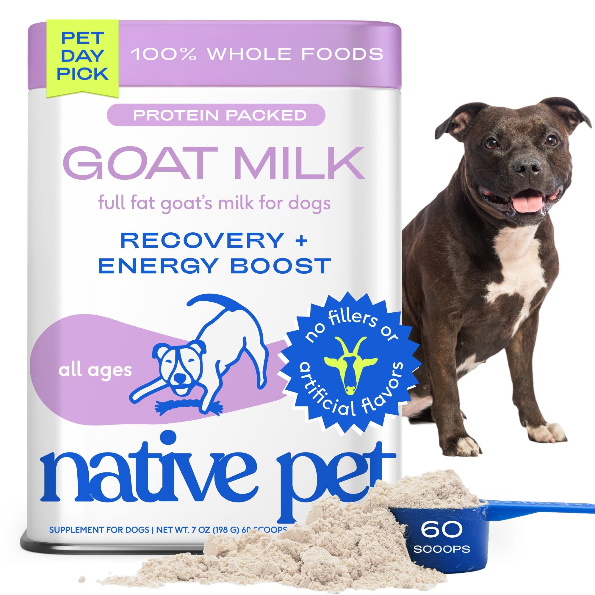 Native Pet Goat Milk Powder - Dog Food Topper for Active Dogs - Post-Activity Recovery, Energy, Immune Support, Hydration & Bone