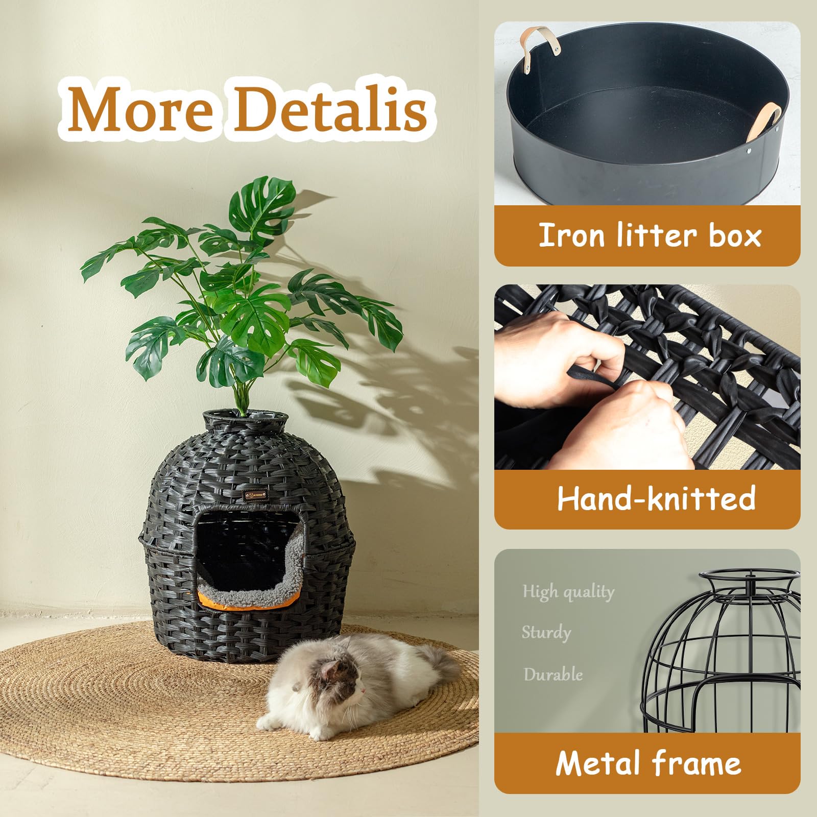 KUREEISE Hidden Litter Box Furniture - Handwoven Rattan Cat House with Artificial Plants, Black, Model RXKE12-BK