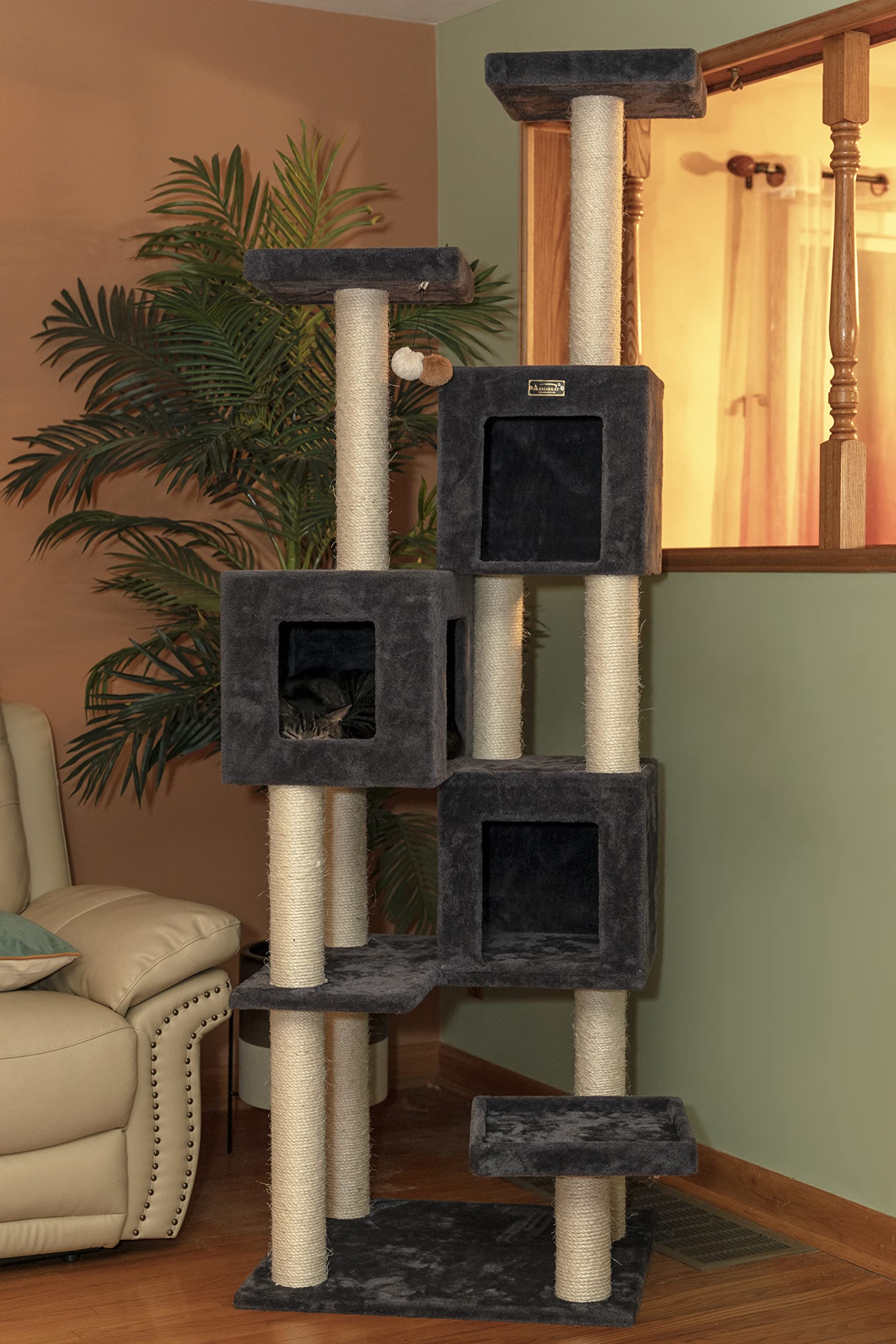 Armarkat Real Wood Cat Tower A8104 - 26"L x 24"W x 80"H, Dark Gray, Multi-Level with Condos for Multiple Cats