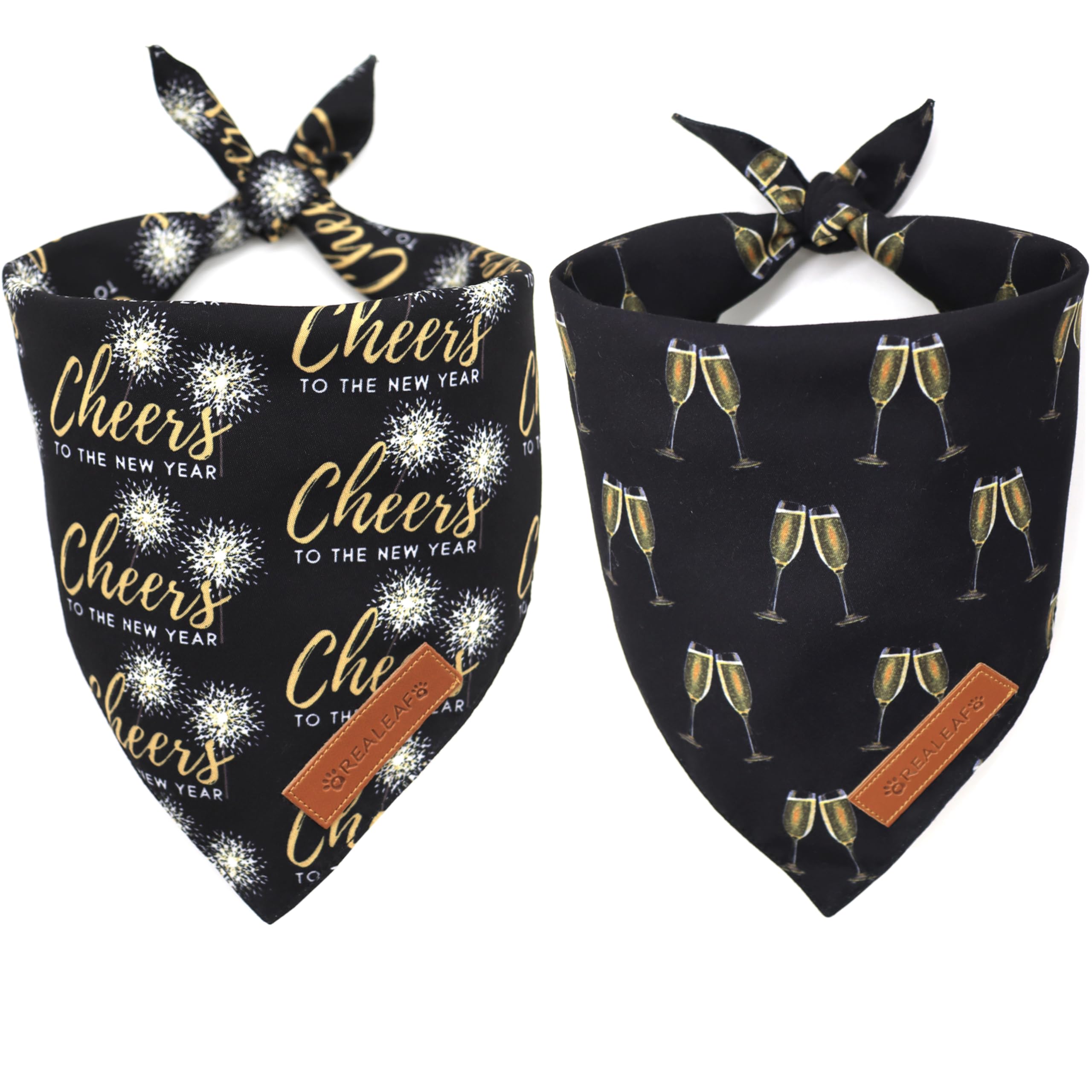 Realeaf New Year Dog Bandanas 2 Pack, Cheers To The New Year Dog Scarf For Boy And Girl, Premium Durable Fabric, Holiday Bandana
