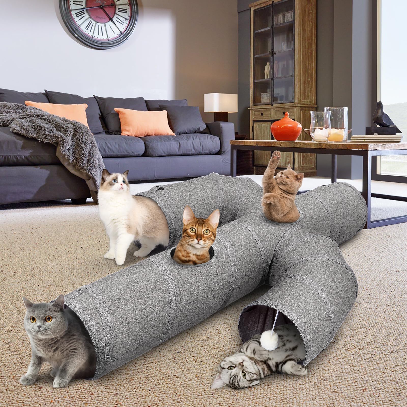 Ownpets Cat Tunnel Toy - Large 12" Diameter, Sturdy Oxford Fabric, Gray, Cactus Shape, Collapsible with Peek Hole & Wand Toy