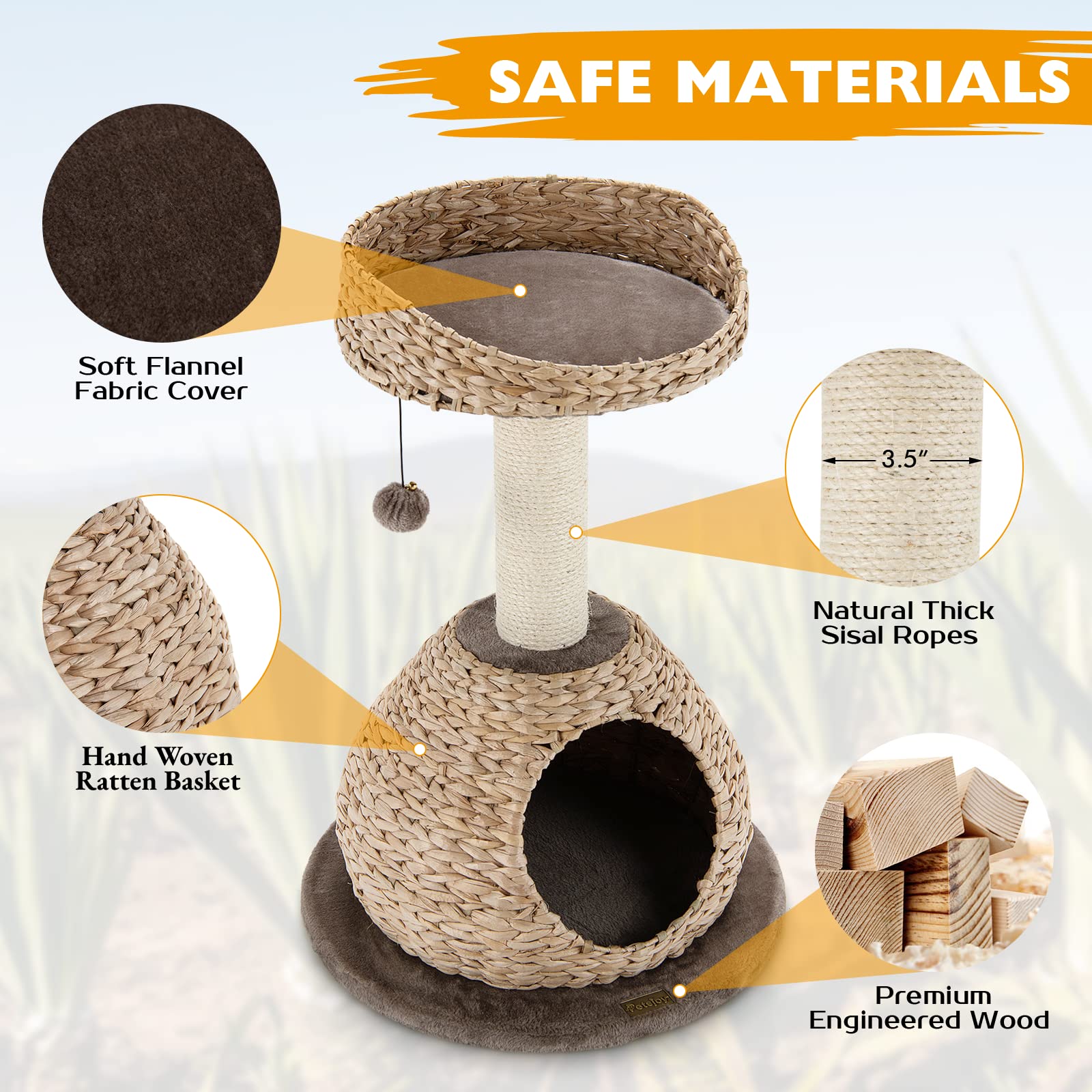 Tangkula Modern Cat Tree For Indoor Cats, Small/Tall Cat Tree With Natural Sisal Scratching Post, Hand-Made Wicker Cat Condo & Top Perch, Funny Hanging Toy Ball, Cute Cat Tree Tower For Large Cats