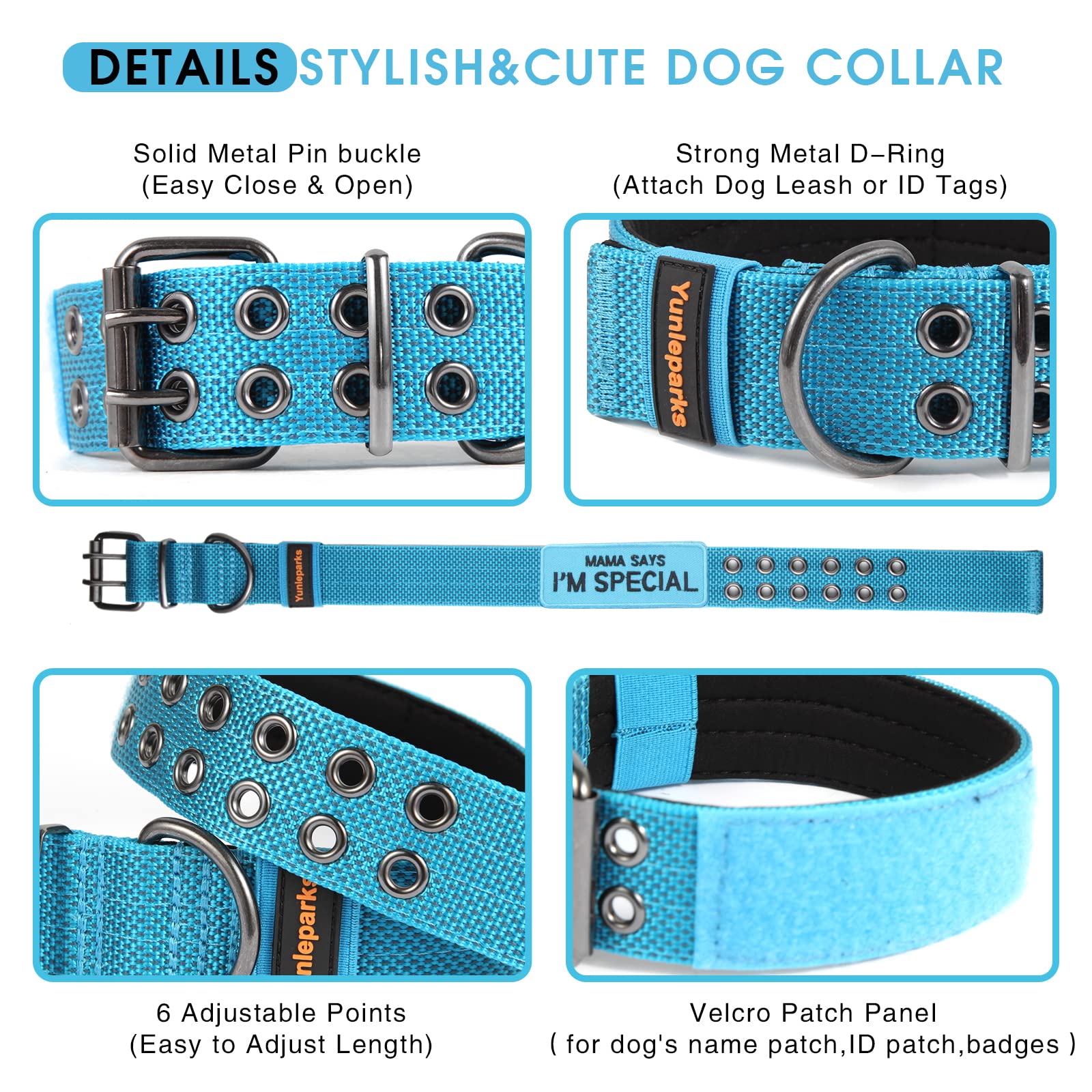 Yunleparks Tactical Collar For Medium Large Dogs, Heavy Duty Metal Buckle, Soft Neoprene Padded, Nylon Wide(Medium, Blue)