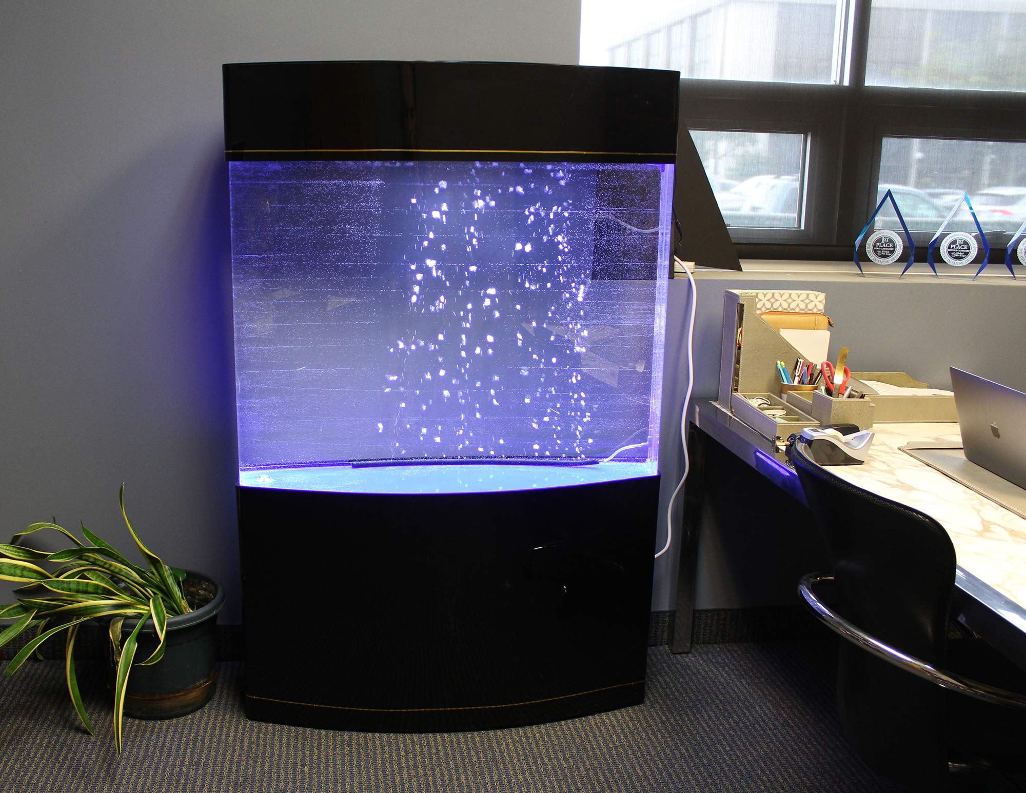 Penn-Plax Water World Luxury Large Bow Front Acrylic Aquarium With Built-In Stand And Storage Top (Lm2) - 360 View - Great For F
