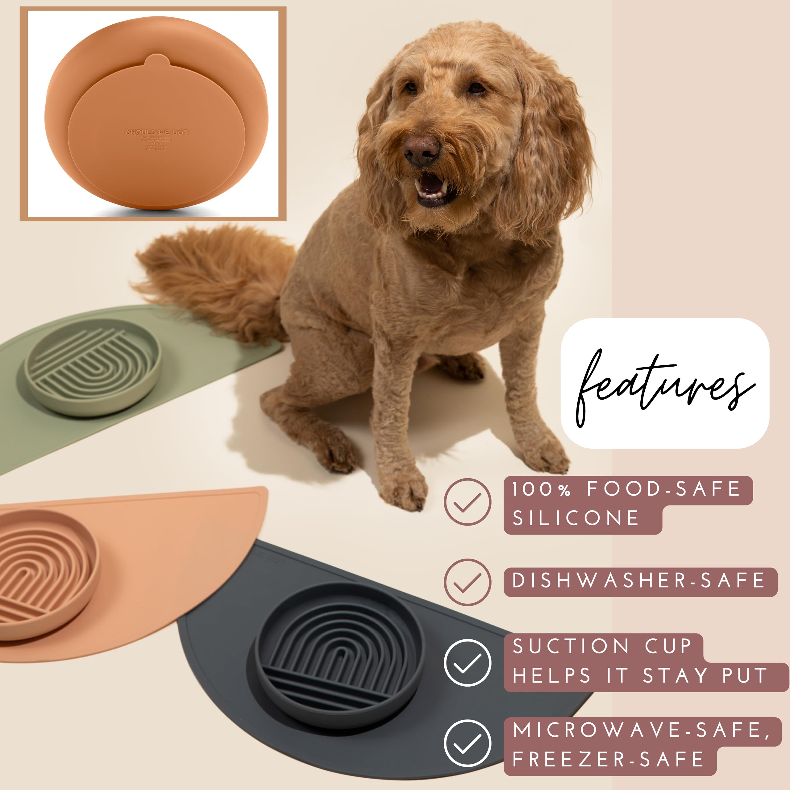 Should We Go? Slow Feeder Dog Bowl, Silicone Puzzle Mat, Medium Size, Honey Color