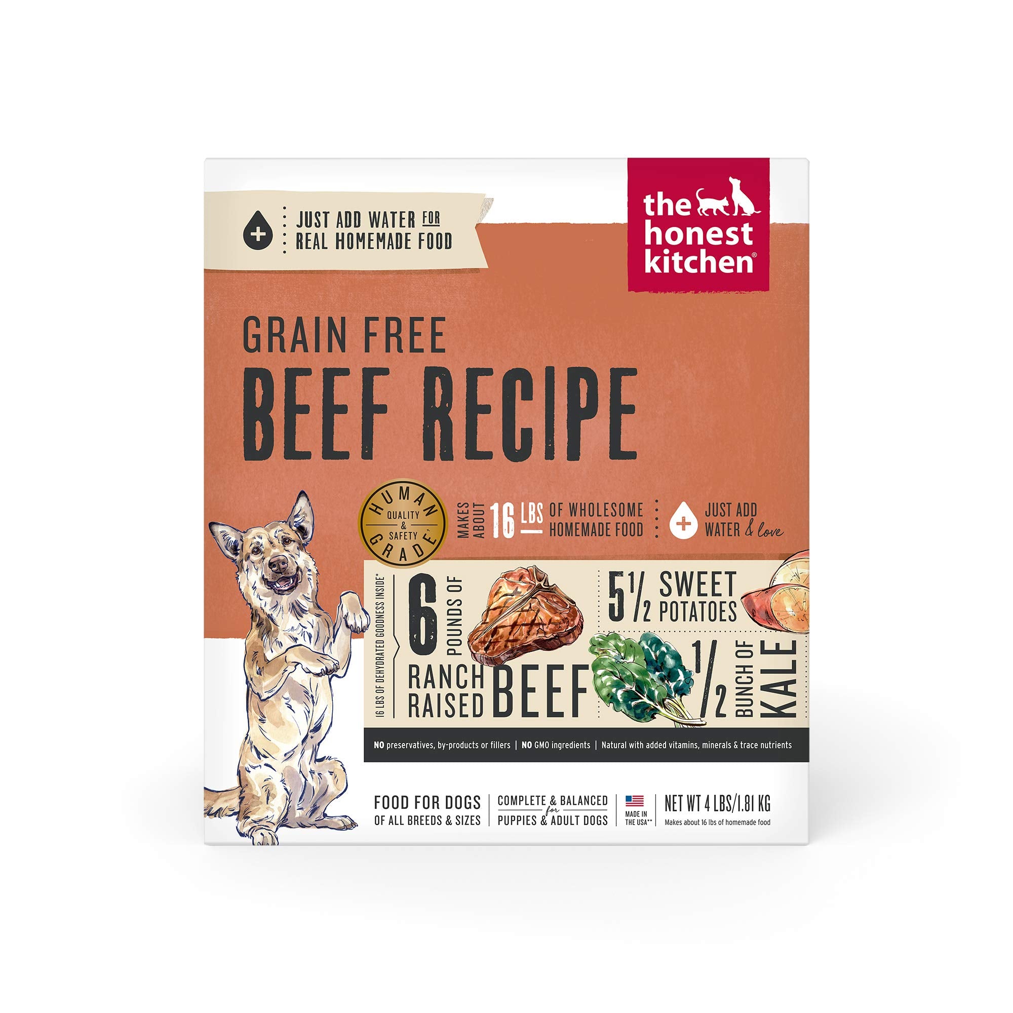The Honest Kitchen Human Grade Dehydrated Grain Free Dog Food - Complete Meal or Dog Food Topper - Beef 4 lb (makes 16 lbs)