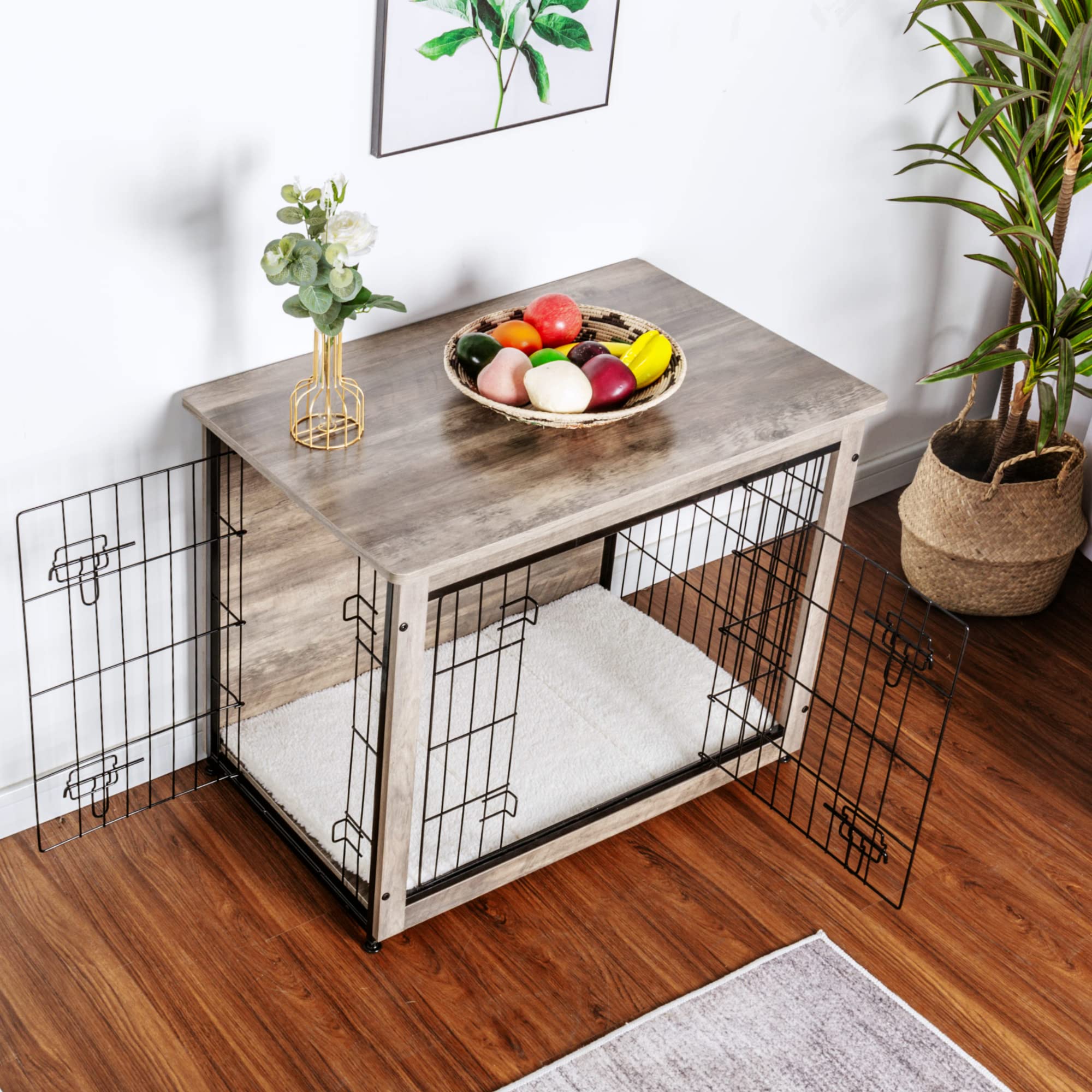 DWANTON Dog Crate Furniture with Cushion, Wooden Kennel Table with Double Doors, Indoor Dog House, Medium Size, 32.5 L, Greige