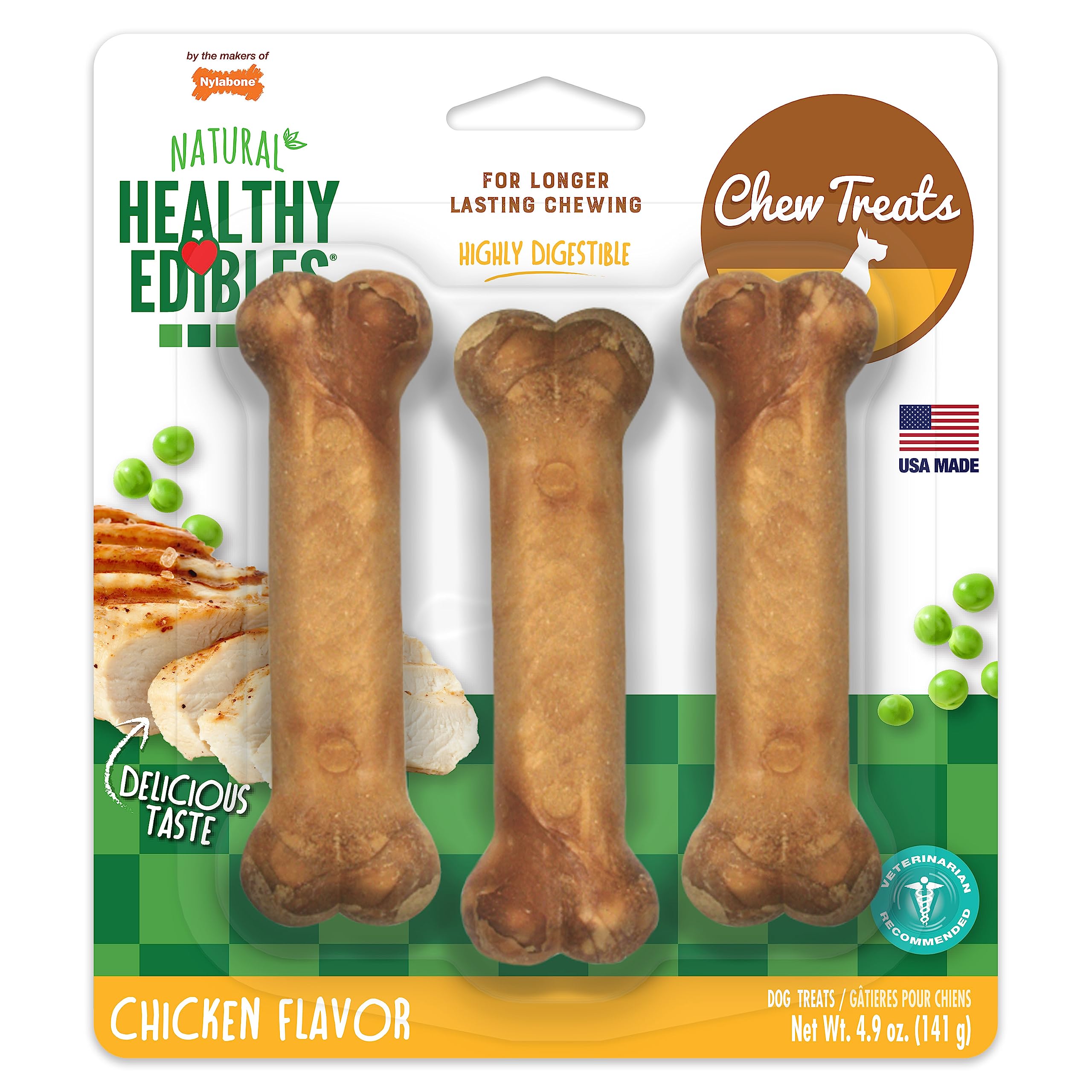 Nylabone Healthy Edibles All-Natural Long Lasting Chicken Flavor Dog Chew Treats 3 count Chicken Small/Regular