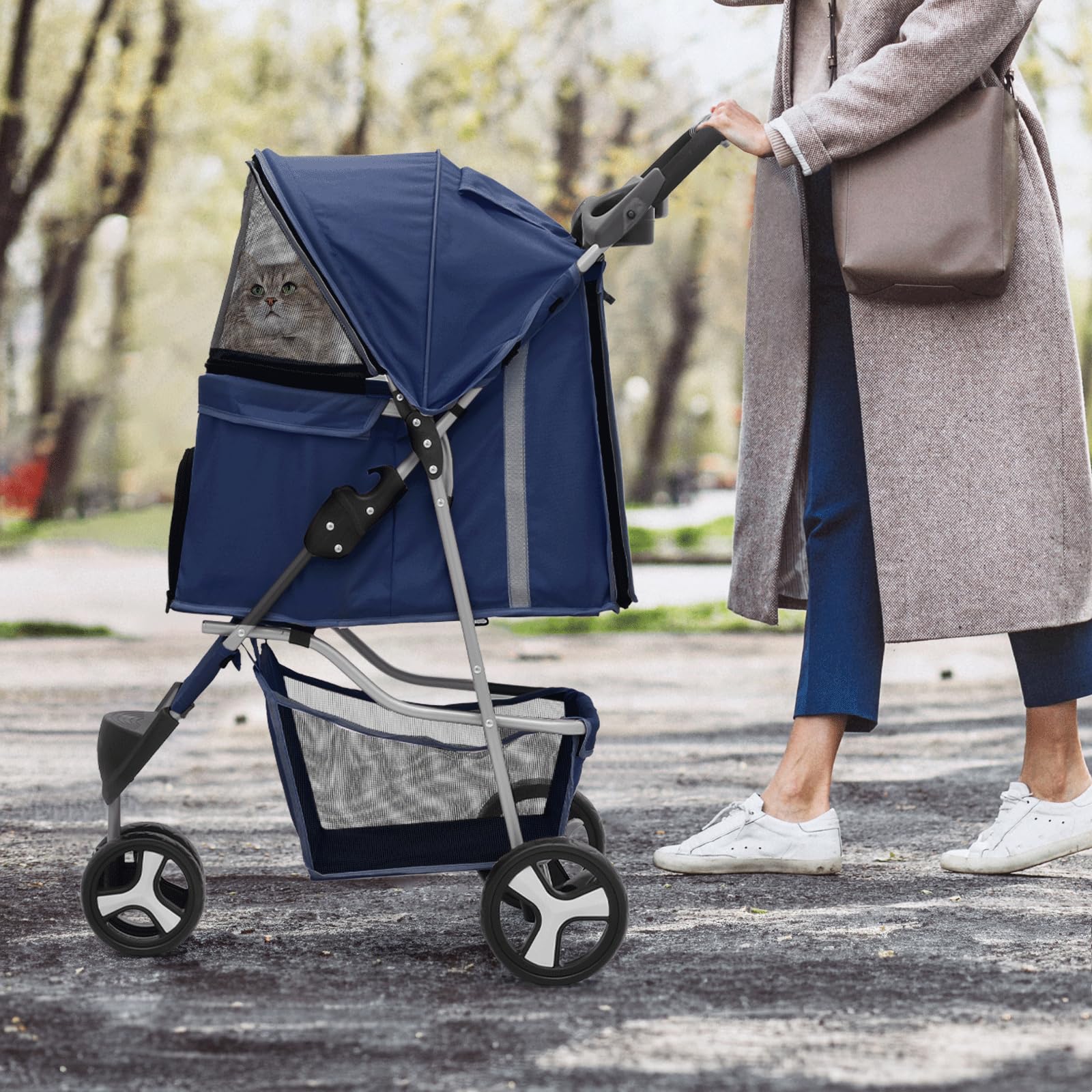 MoNiBloom Pet Stroller, Foldable Dog/Cat Jogger with Weather Cover, Storage Basket, Mesh, 13"x29"x40", Navy Blue, Model A78-PS-001-N
