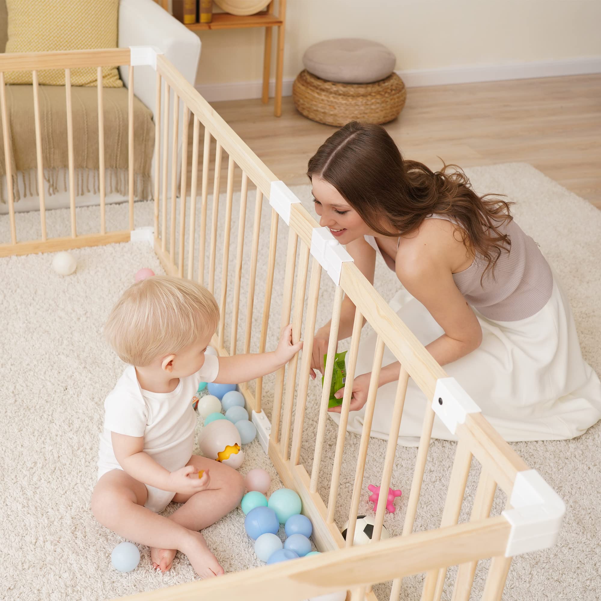 GGF Wooden Baby Playpen -63 * 47 * 24 in, Large Wood Gate Playpen for Babies and Toddlers, Baby Fence Play Yard with Door for Ki