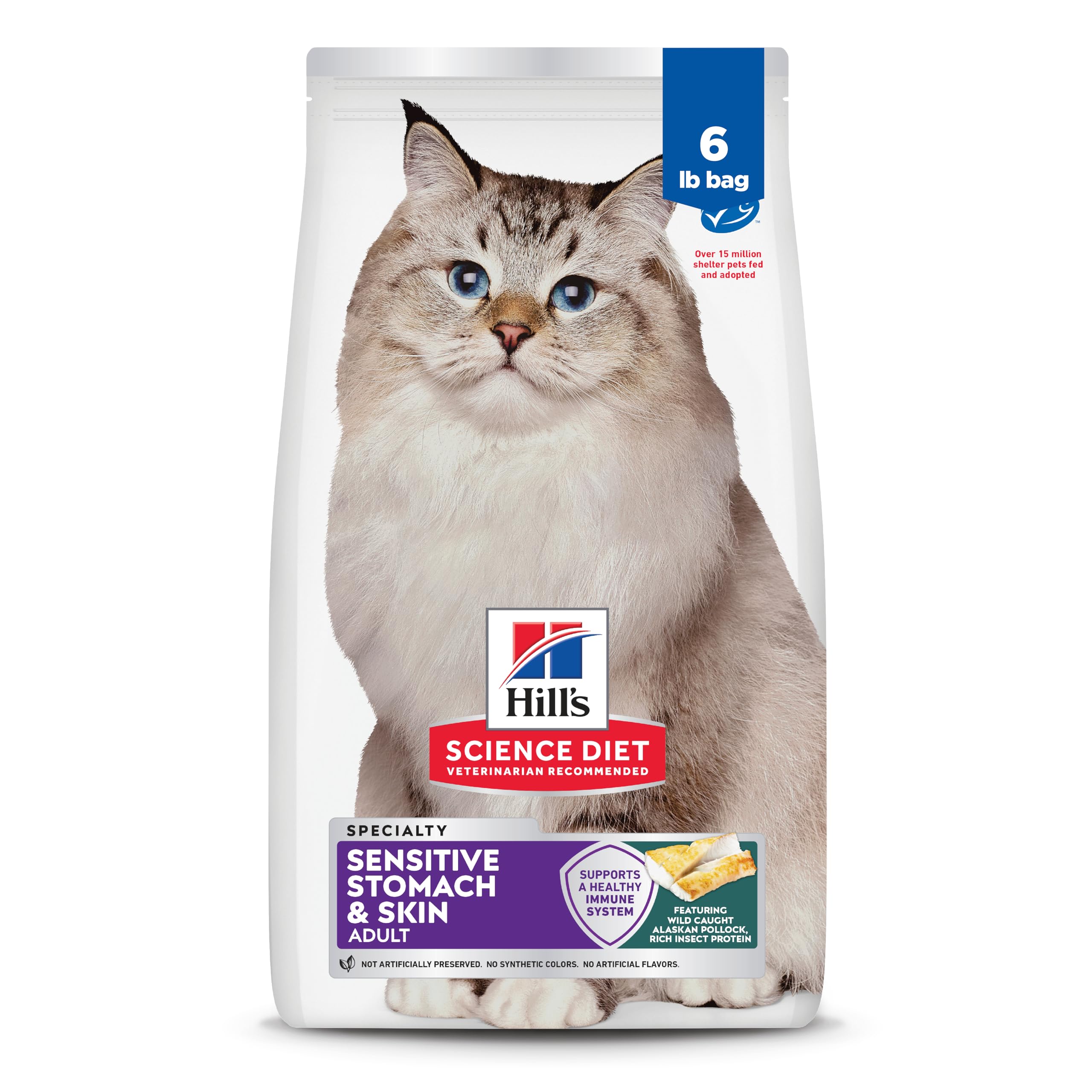 Hills Science Diet Sensitive Stomach & Skin, Adult 1-6, Stomach & Skin Sensitivity Support, Dry Cat Food, Pollock & Barley, 6 l
