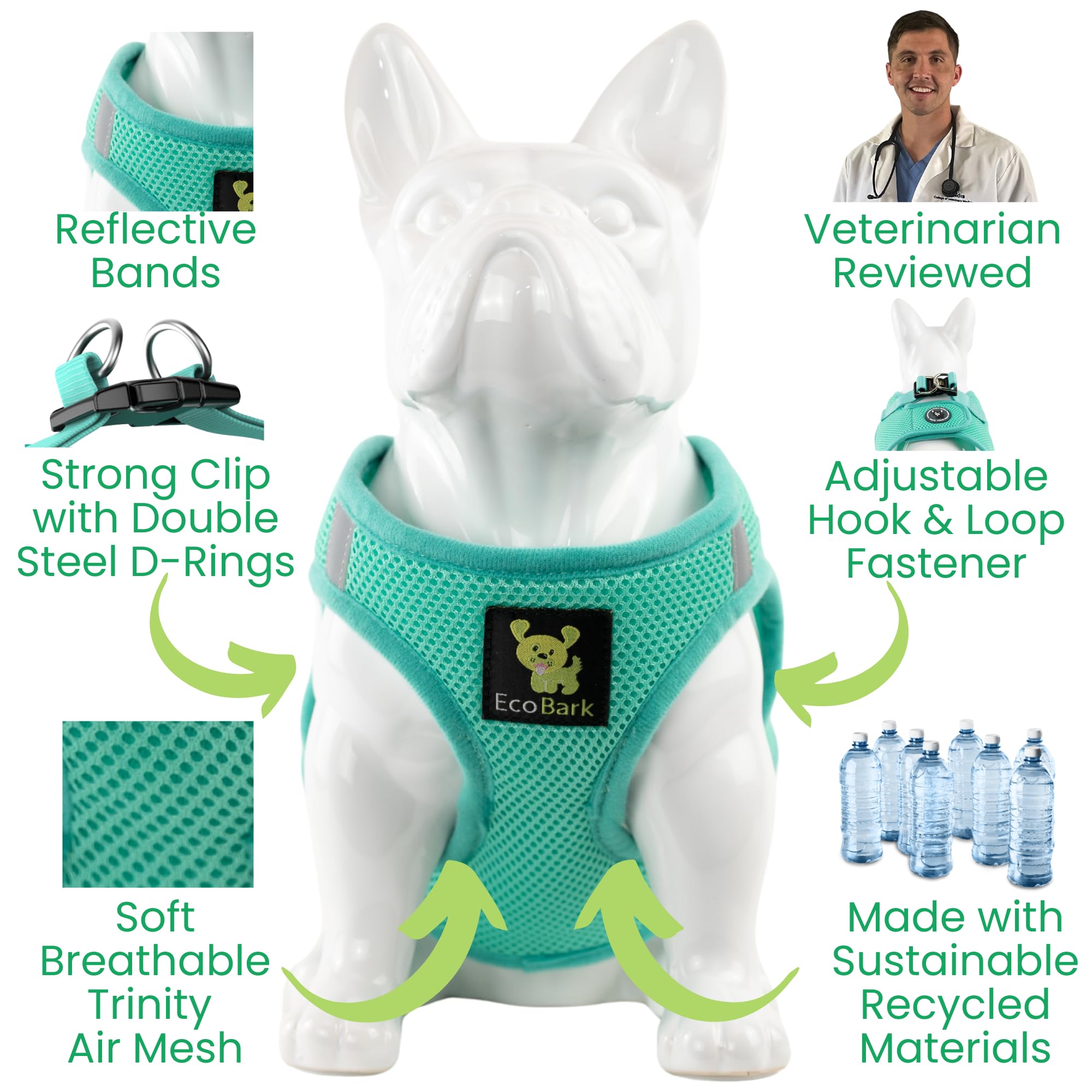 Ecobark Step In Dog Harness - Eco-Friendly Dog Harnesses For Small And Medium Breed Dogs - Reflective And Adjustable Body Halter Vest - Soft Mesh Toy Breed Harness (Mint, Large)