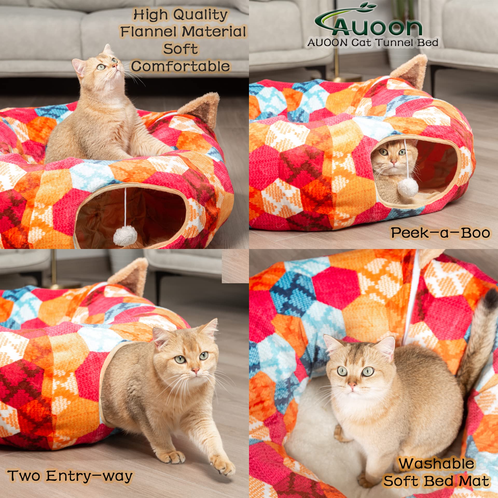 Auoon Cat Tunnel Bed With Central Mat,Big Tube Playground Toys,Soft Plush Material,Full Moon Shape For Kitten,Cat,Puppy,Rabbit,Ferret (Orange)