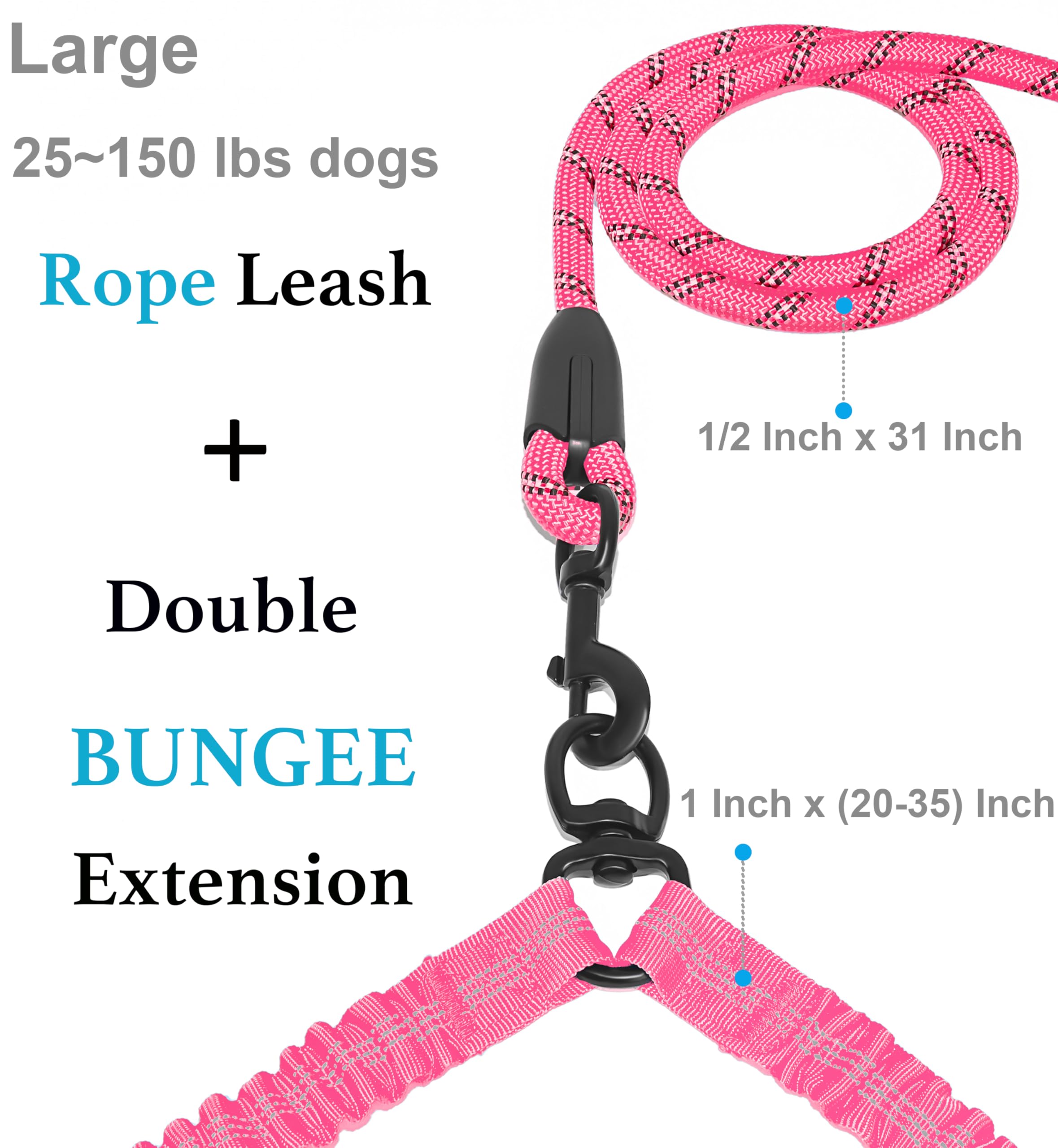 Iyoshop Dual Dog Leash, Double Dog Leash, 360 Swivel No Tangle Walking Leash, Shock Absorbing Bungee For Two Dogs, Pink, Large (25-150 Lbs)