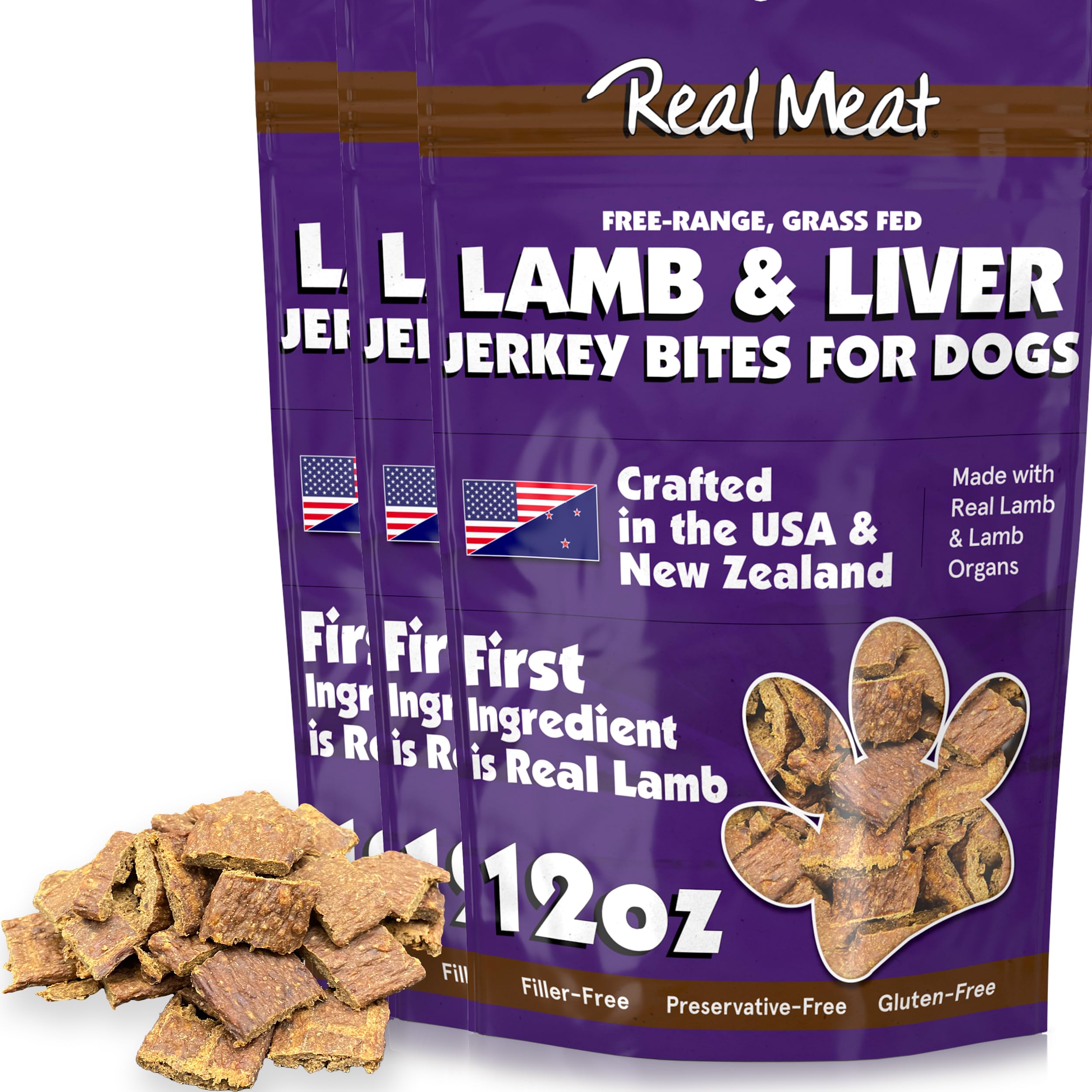 Real Meat Dog Treats - Three 12oz Bag of Bite-Sized Air-Dried Lamb & Liver Jerky for Dogs - Grain-Free Jerky Treats Made up of 9