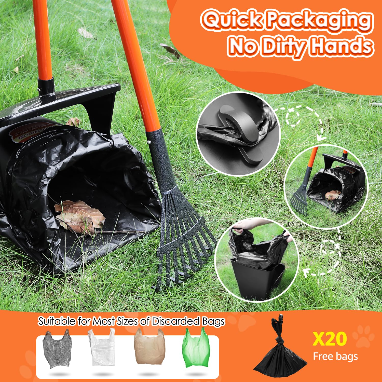 Lukovee Dog Pooper Scooper Kit - 37.4" Adjustable Metal Handle, Swivel Bin & Rake, 20 Poop Bags, Portable, Orange