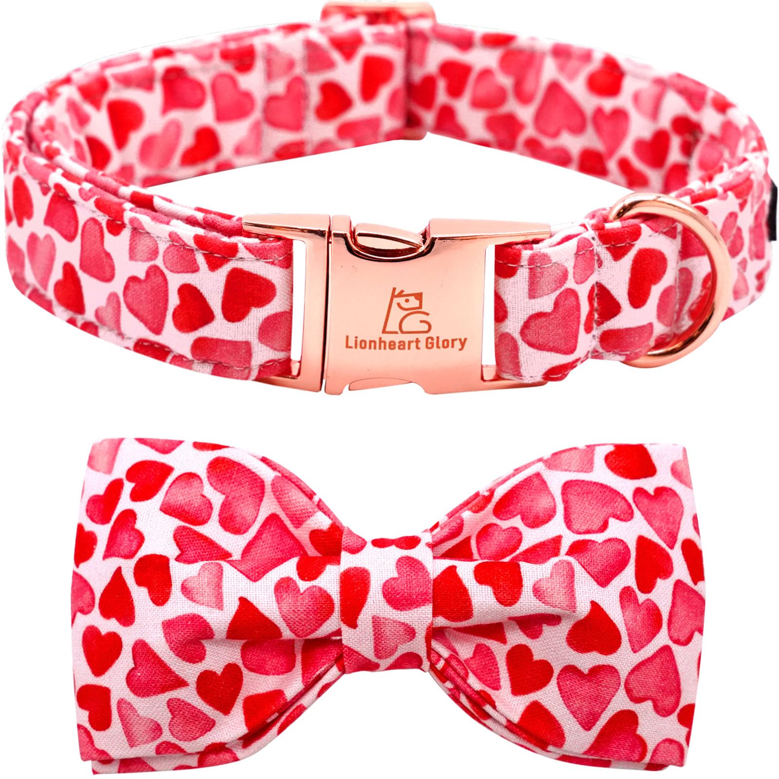Lionheart Glory Dog Collar With Bowtie Valentine'S Day Dog Collar For Small Dogs, Hearts Pattern, Handmade Bow, Unique Design, C