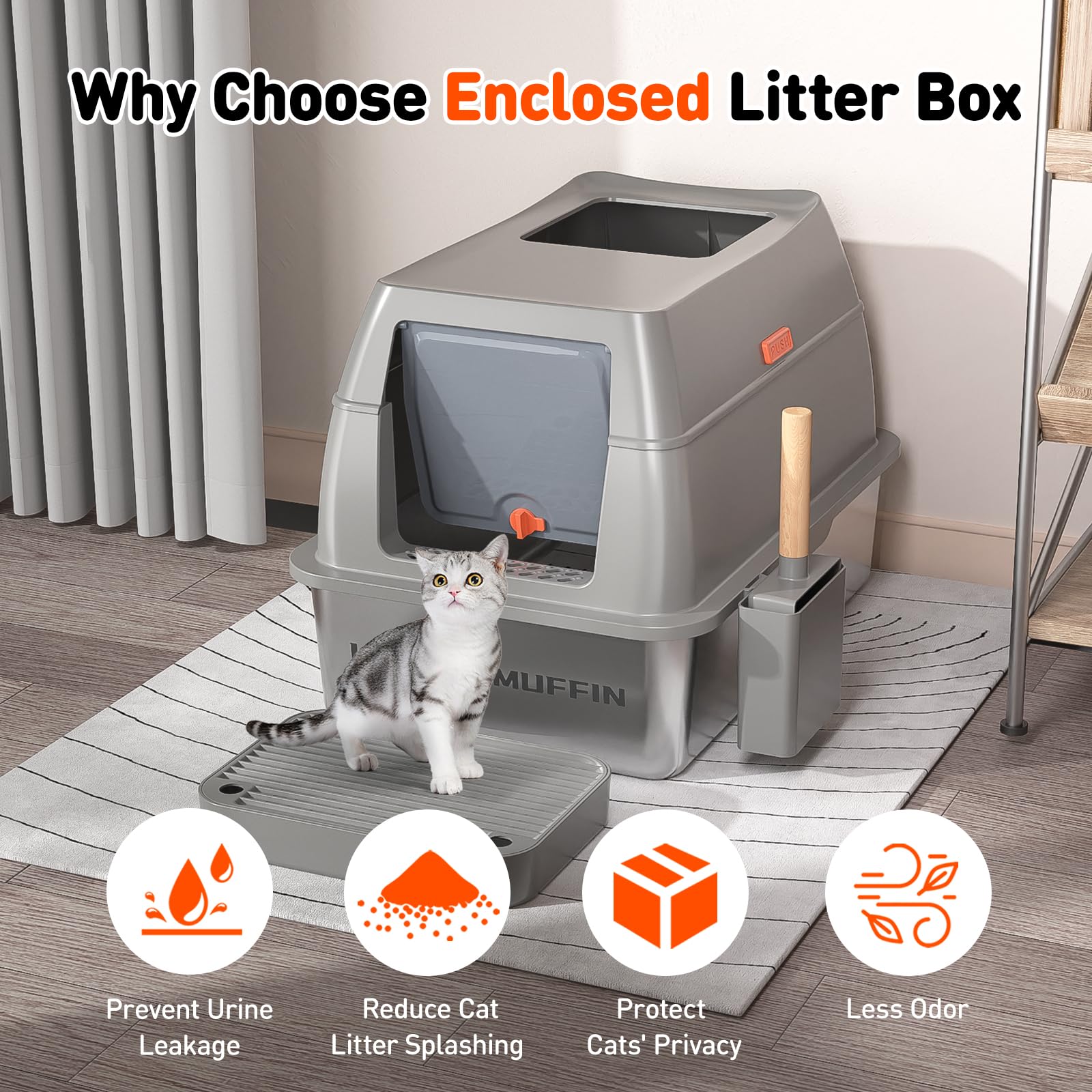 LUCKY MUFFIN 3 in 1 Stainless Steel Cat Litter Box, XL, Dark Grey, Enclosed with Removable Lid, Odor Control & Easy Clean