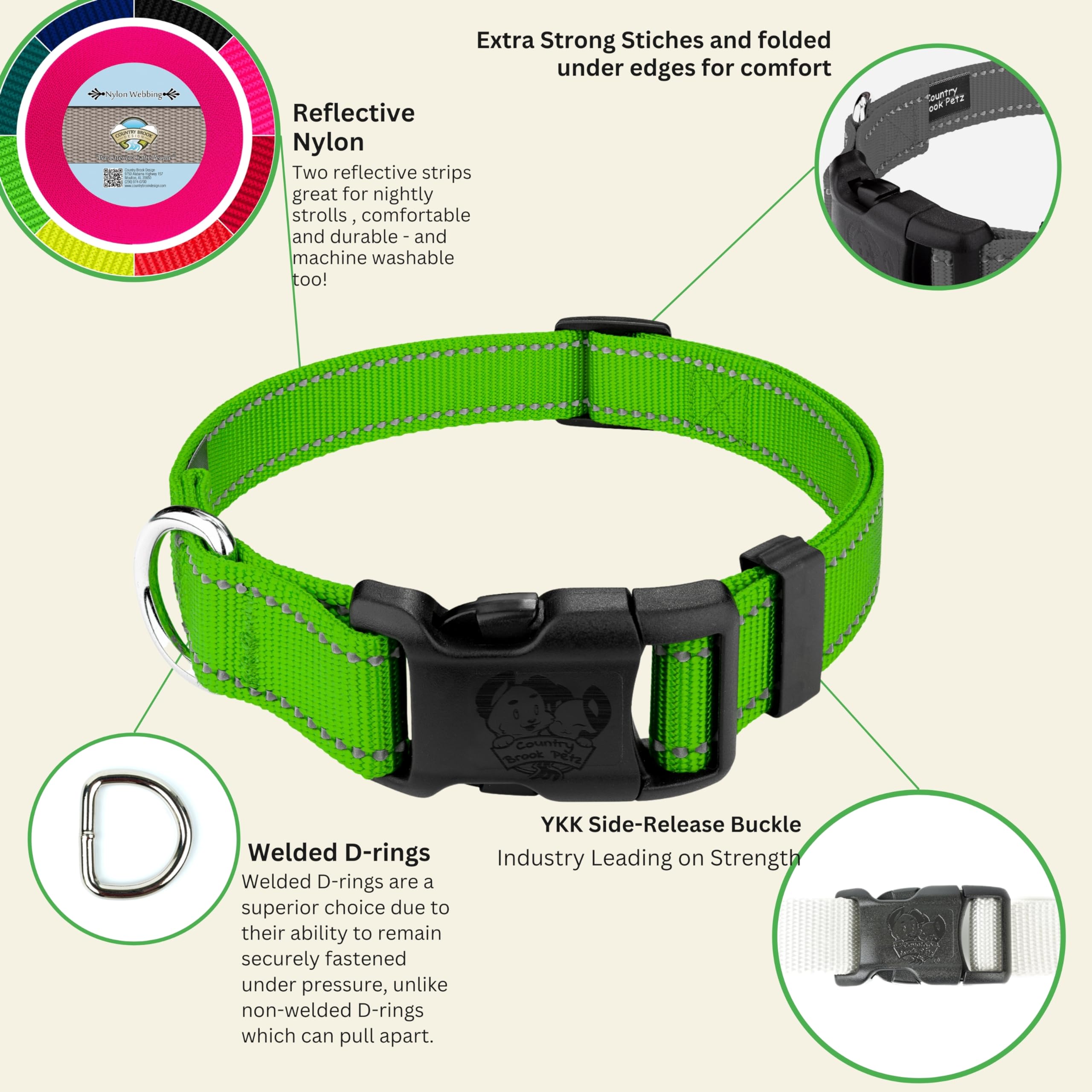 Country Brook Petz - Deluxe Hot Lime Green Reflective Nylon Dog Collar - Extra Large