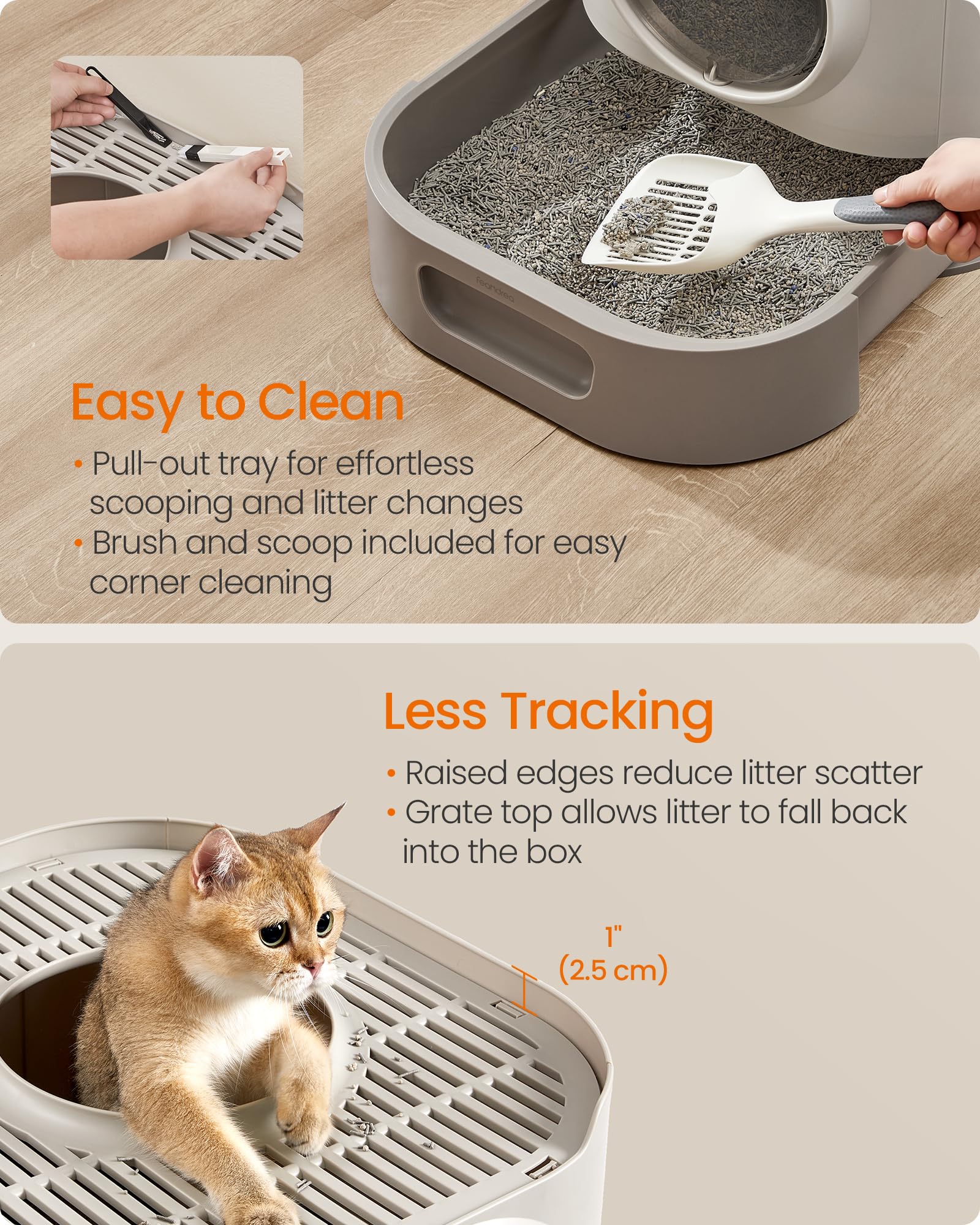 Feandrea Cat Litter Box With Lid, Xl Enclosed Litter Box With Slide-Out Tray, Scoop, Brush, Anti-Tracking, For Cats Of Different