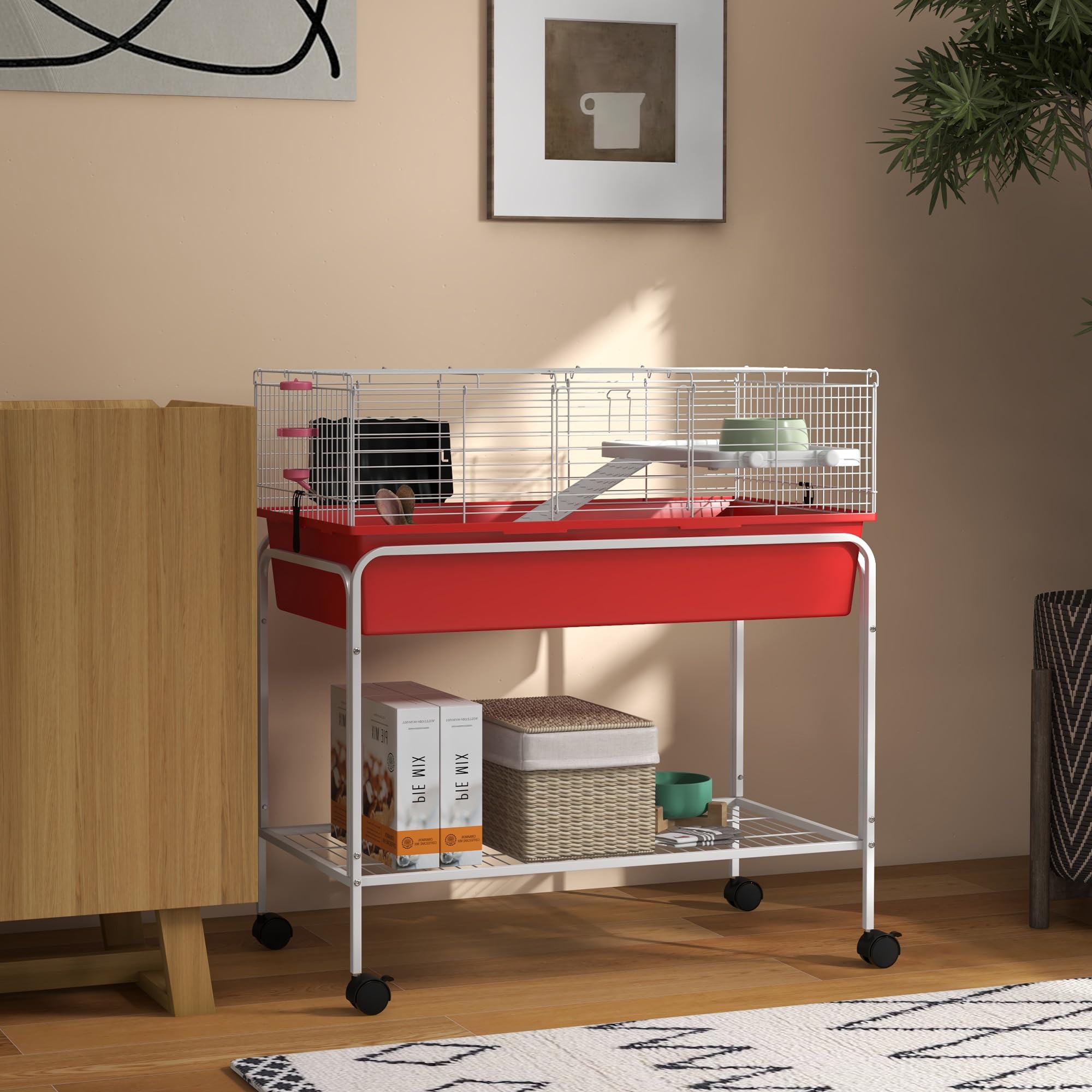 Pawhut Two- Story Small Animal Cage Removable From Stand, For Guinea Pig, Hedgehog, Chinchilla, Ferret, With Shelf & Wheels, Pet