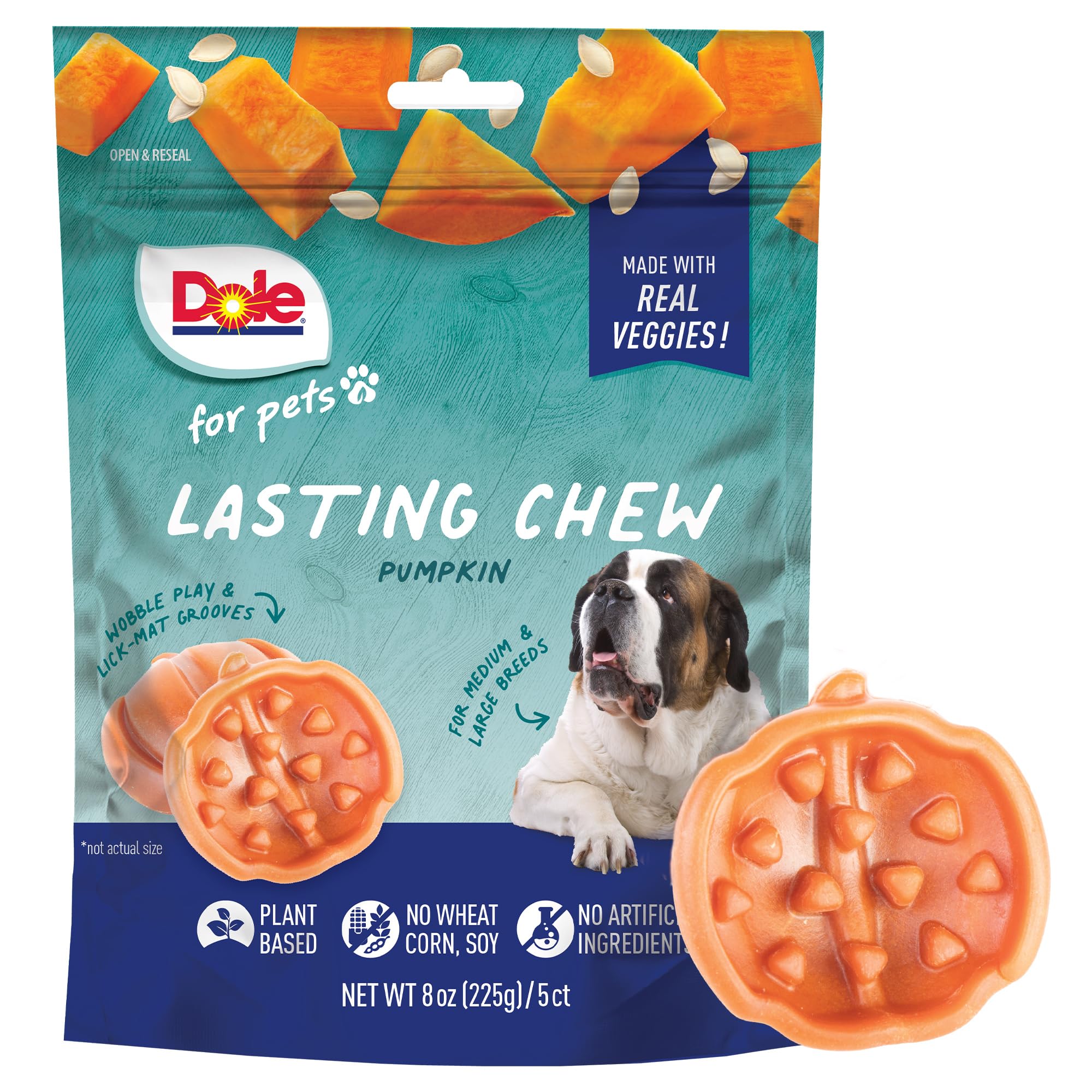 Dole for Pets Freshly Fetched Lasting Chew, Pumpkin Flavor Dog Treats, 8oz, 5ct | Flavored with Real Veggies, No Wheat, Corn, So