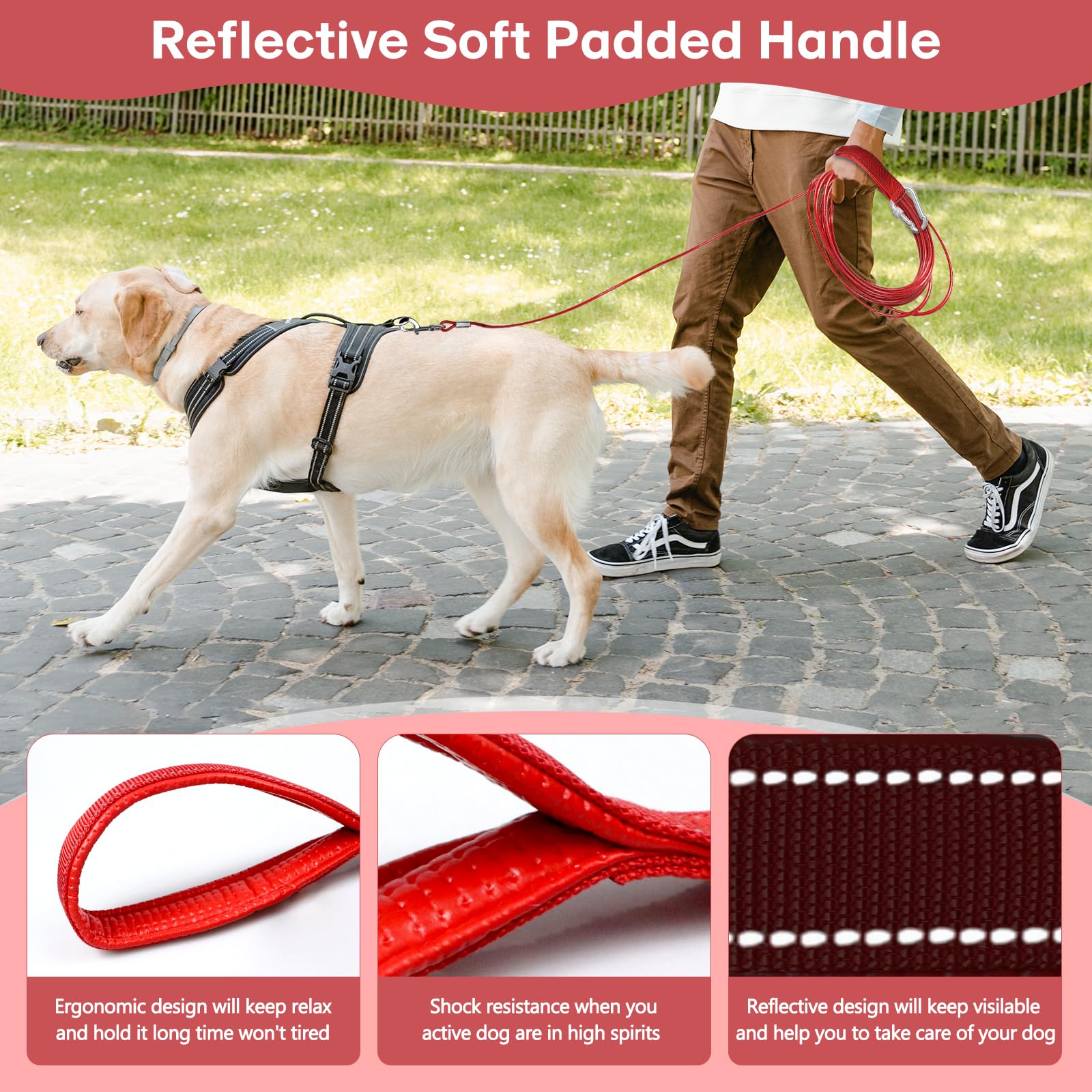 Long Dog Leash Chew Proof, Tie Out Cable For Dogs Heavy Duty 10/20/30/50 Ft With Carabiner, Dog Leads For Yard For Medium Large Dogs, Dog Long Leashes With Padded Handle