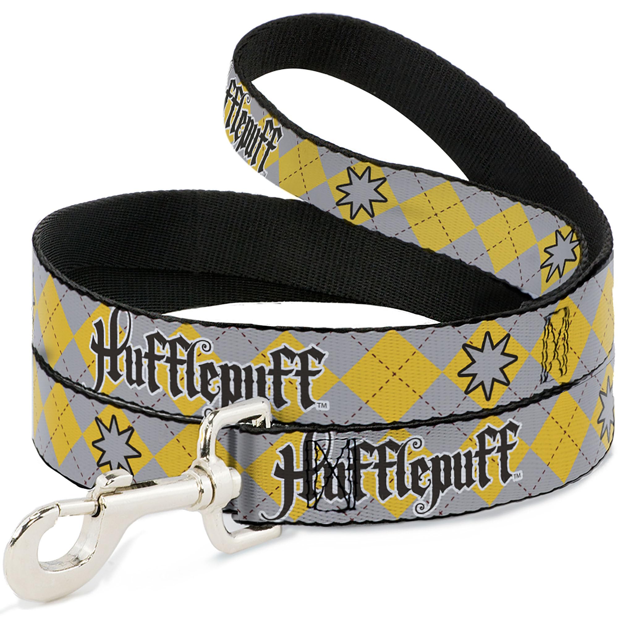 Warner Bros. Pet Leash, Dog Leash, Harry Potter Hufflepuff Stars Argyle Plaid Gray Gold Browns, 4 Feet Long 1.5 Inch Wide
