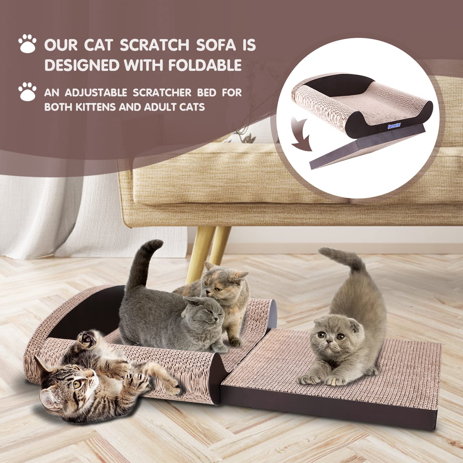Socostar Cat Couch Bed Pad, Cardboard Cats Scratcher Furniture with Catnip, Large Scratch Sofa for Indoor Cats, Wear Resistant a