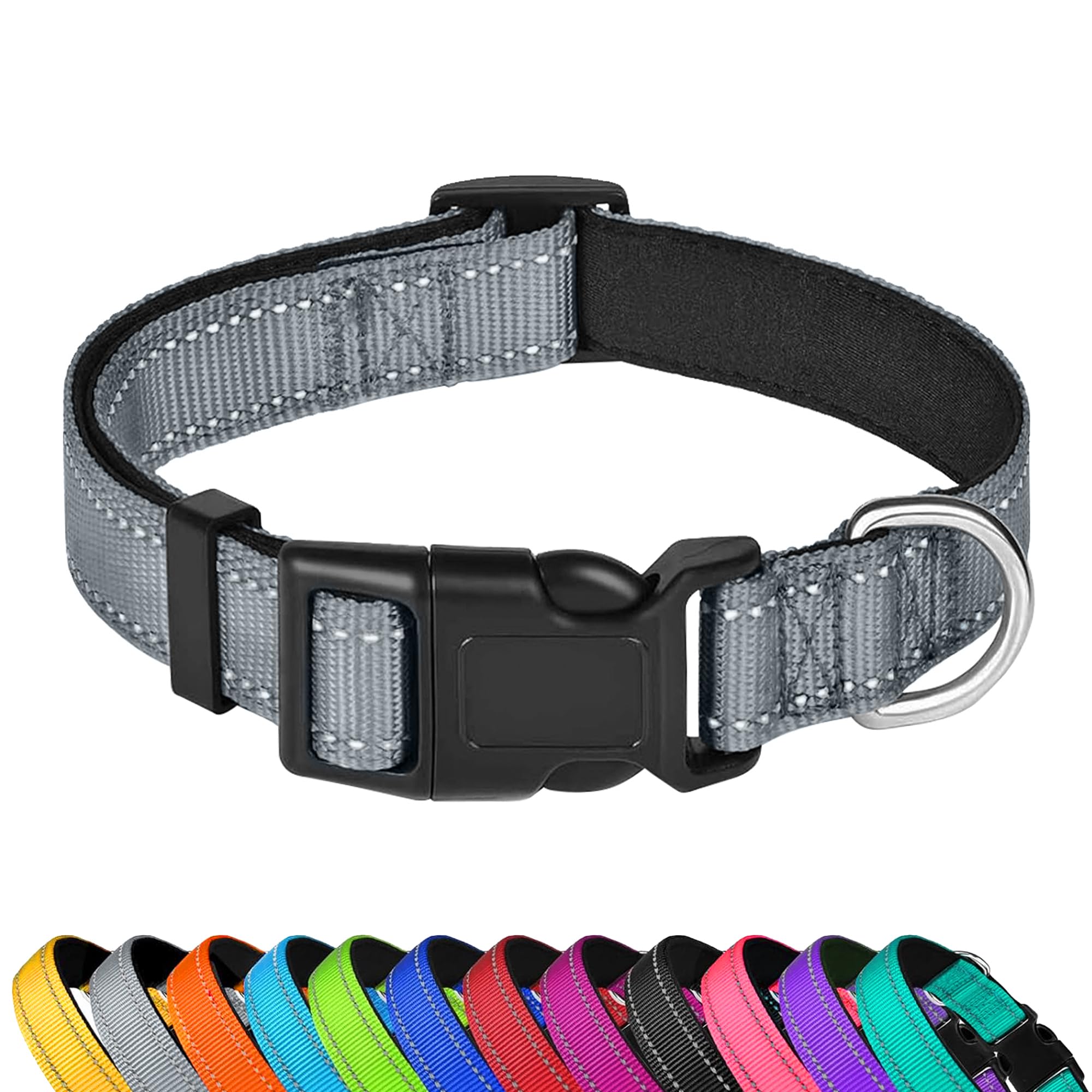 Pwod Reflective Dog Collar, Adjustable Soft Neoprene Padded Nylon Pet Collars With Buckle For Medium Dogs, Gray,M