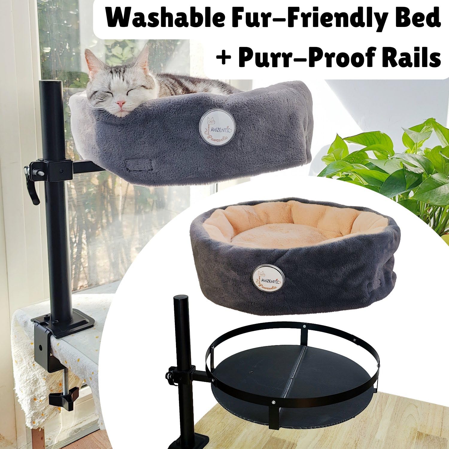 Pawzentic Large Cat Desk Bed,One-Button Easy Lift & Rotate,360 Rotation,Extra Thick Cushion,Super Soft Plush Faux Fur Pet Bed,Ma