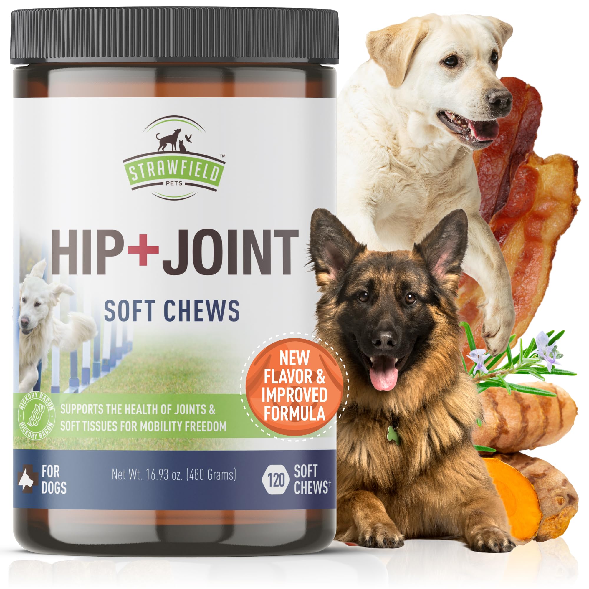 Strawfield Pets Hip + Joint Chews for Dogs Advanced Dog Joint Supplement with Glucosamine Tasty Healthy Mobility Treats Bacon Fl